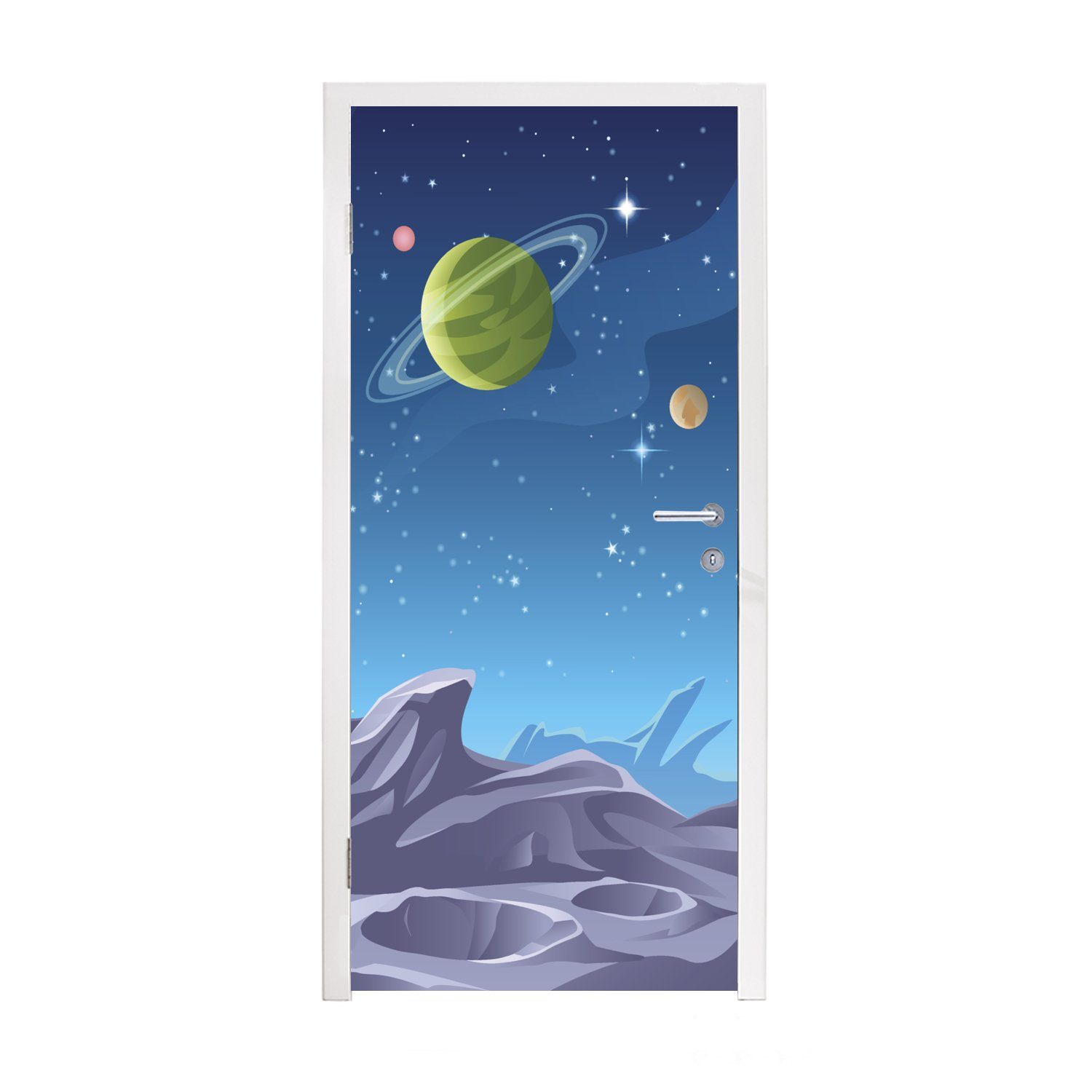MuchoWow Türtapete Eine Illustration der Mondoberfläche mit sichtbaren Planeten, Matt, bedruckt, (1 St), Fototapete für Tür, Türaufkleber, 75x205 cm