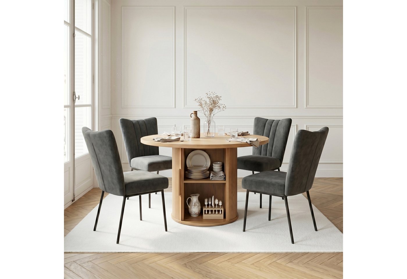Jiexi Essgruppe Essgruppe 5-teilig runder Tisch mit Stauraum & 4 Polsterstühle