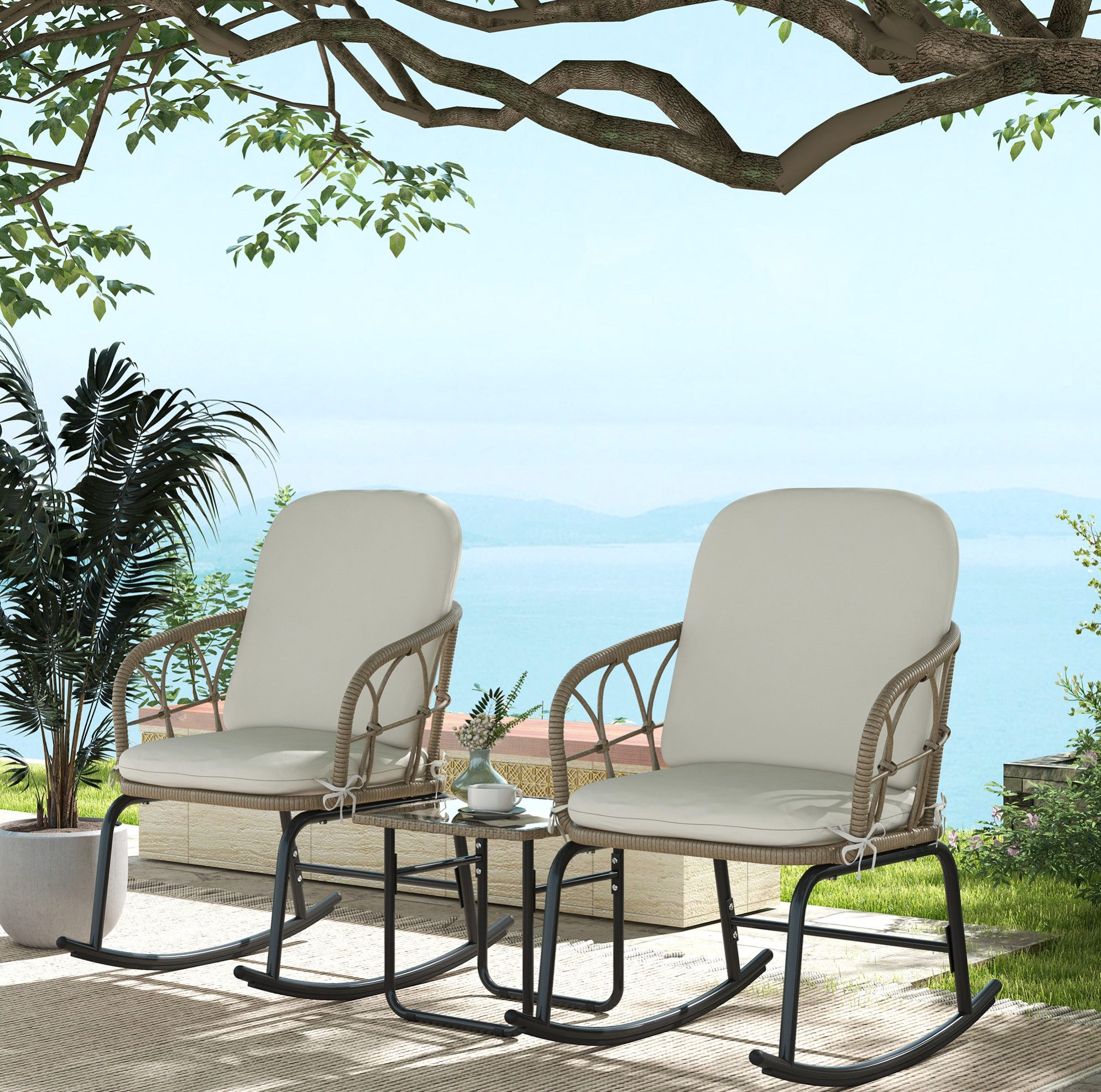 MODFU Sitzgruppe 3-teiliges Rattan Garten-Set mit 2 Schaukelstühlen, (Set, 3-tlg., Robuste Konstruktion für entspannte Stunden draußen), 63x82x75 cm Inkl. Couchtisch & Sitzkissen für Terrasse, Balkon
