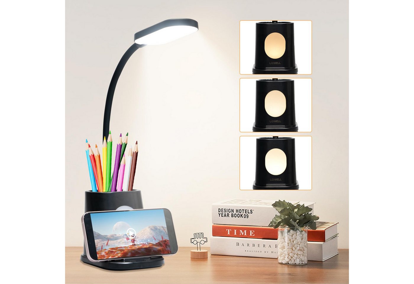 LQWELL LED Schreibtischlampe 4 in 1 LED Schreibtischlampe USB Aufladbar, LED fest integriert, 3 Helligkeitsstufen Nachtlicht, 360° Flexibel Stifthalter Tischlampe Studienlampe, mit Telefonhalter,für Heimbüro