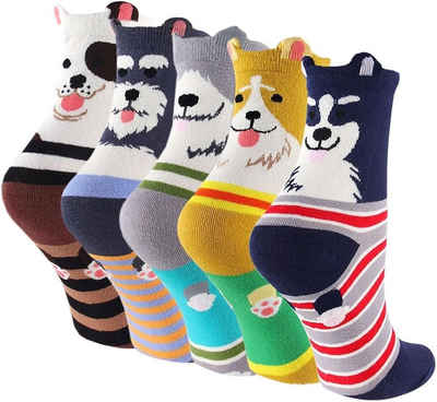 Alster Herz Freizeitsocken 5 Paar Damen bunte Socken, Hundegesicht Motiv, 35-41, A0491 (5-Paar) sehr weich, dehnbar