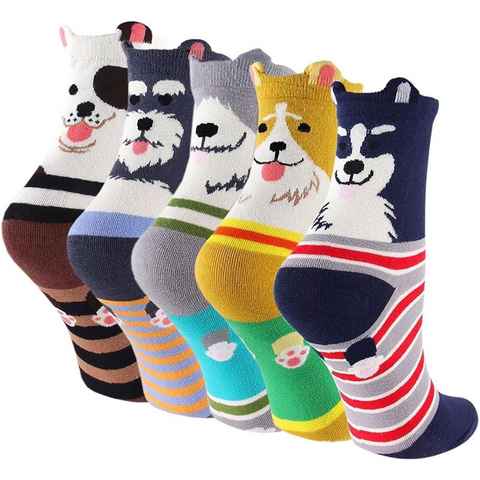 Alster Herz Freizeitsocken 5 Paar Damen bunte Socken, Hundegesicht Motiv, 35-41, A0491 (5-Paar) sehr weich, dehnbar