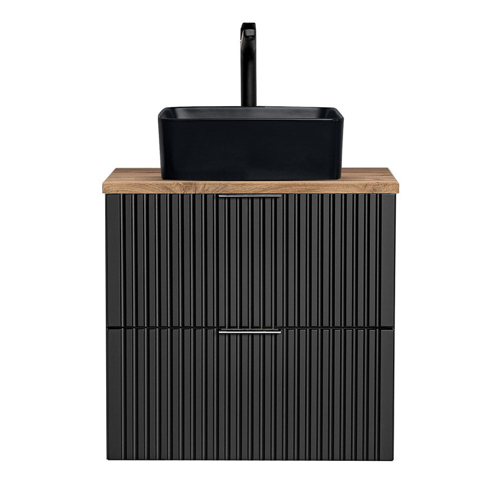Lomadox Waschtisch ADELAIDE-56-BLACK, schwarz matt gerillt, Platte in Eiche Nb., mit Keramik-Waschbecken