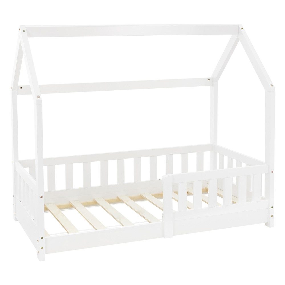 ML-DESIGN Spielbett Hausbett Kinderbett inkl. Lattenrost kreativ Bodenbett für Kinder, Abenteuerbett zum Spielen mit Rausfallschutz Kiefer Weiß Himmelbett