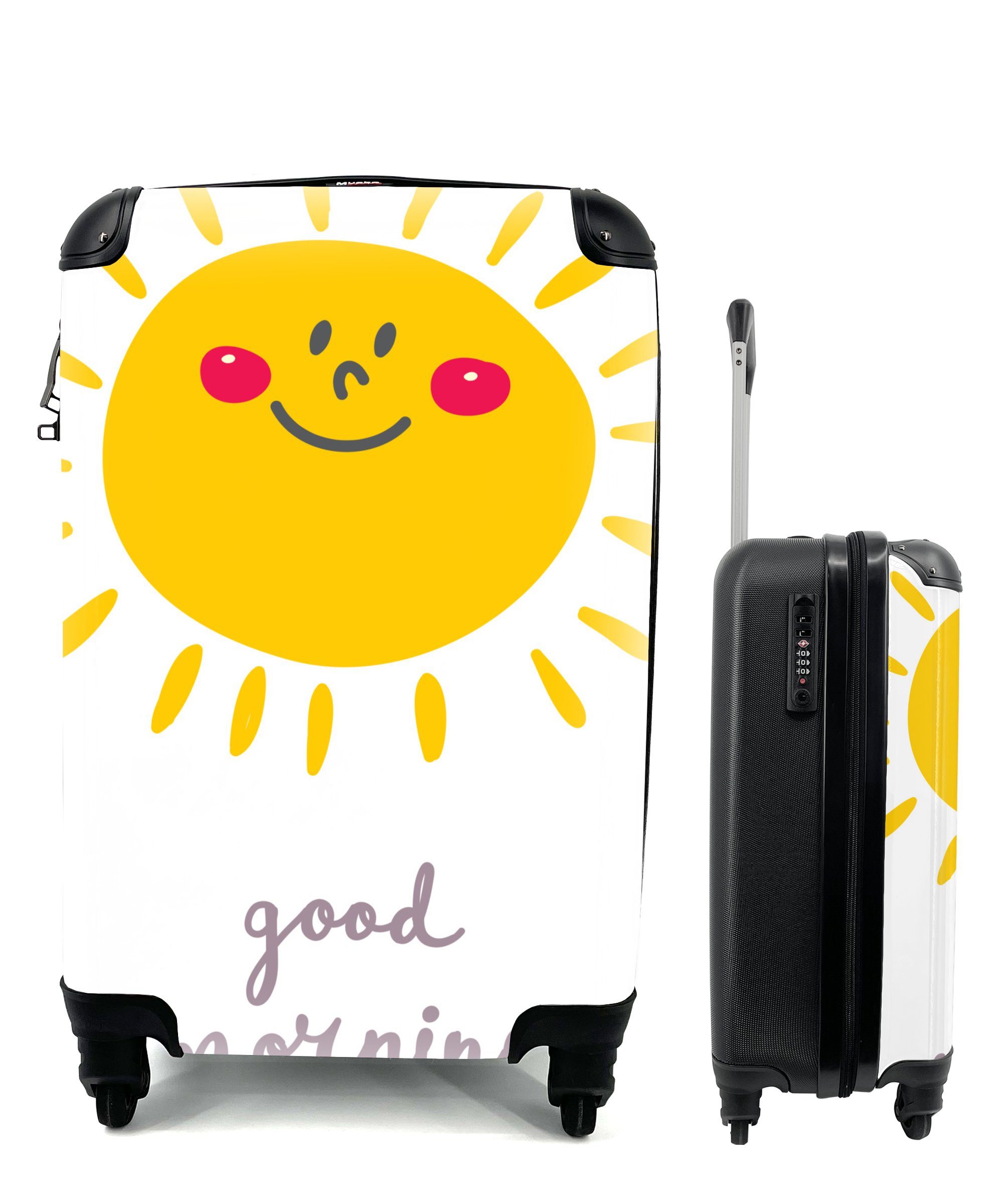 Handgepäck und Morgen" 4 mit MuchoWow Zitat Reisekoffer mit lächelnden "Guten Ferien, Rollen, für rollen, dem Reisetasche Illustration Trolley, einer Handgepäckkoffer Sonne,