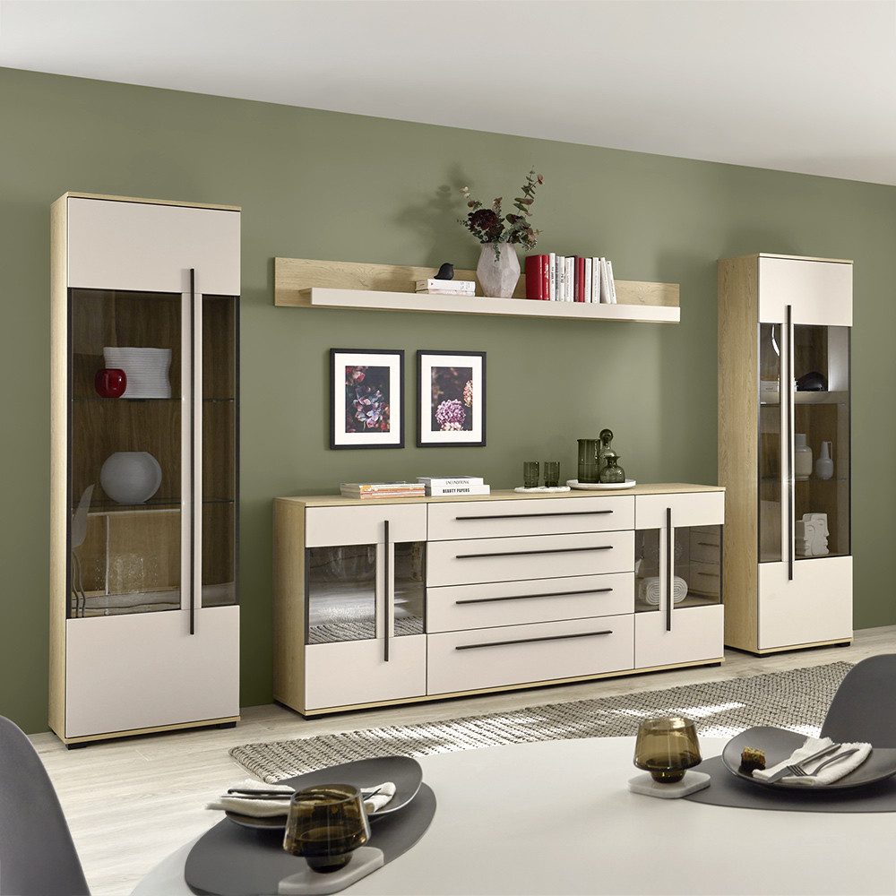 Lomadox Wohnwand COLORADO-61, (4-St., Vitrinen Sideboard Wandregal), Wohnzimmermöbel-Set in Beige mit Eiche