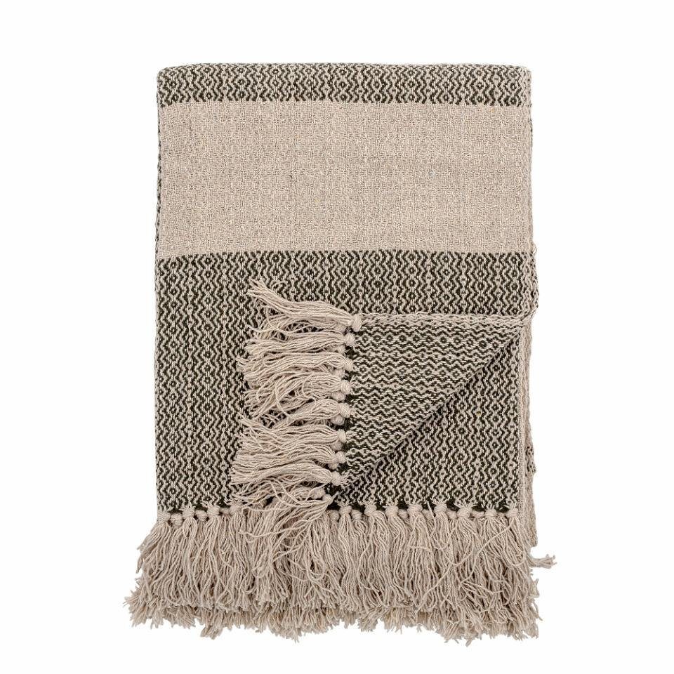 Bloomingville Tagesdecke Fidan Throw, Green, Recycled Cotton, Baumwolle, 160x130cm, Decke mit Fransen, Kuscheldecke, grün/natur