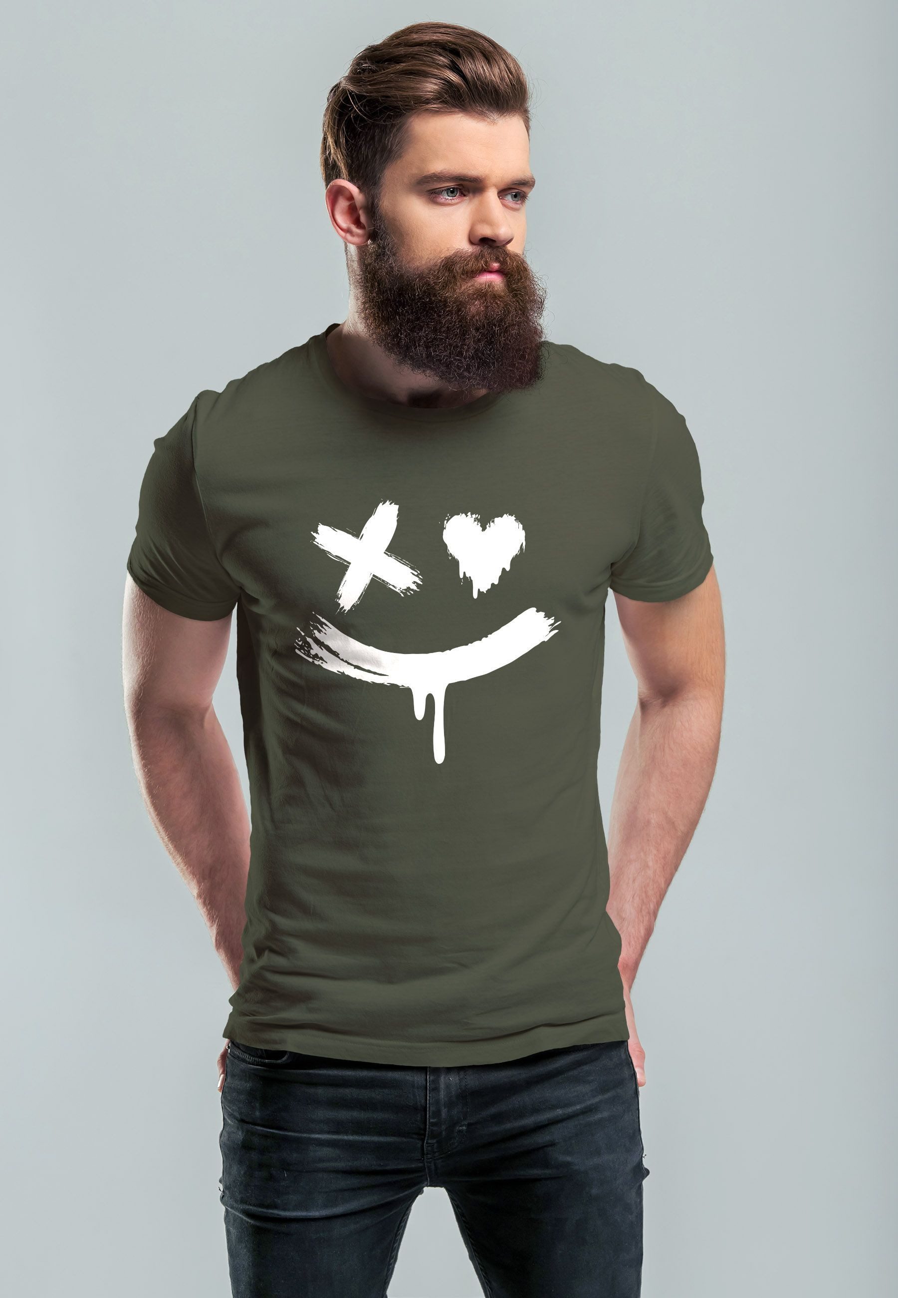 Neverless Print-Shirt Herren T-Shirt mit Print Aufdruck Smile Techwear Fashion Streetstyle mit Print