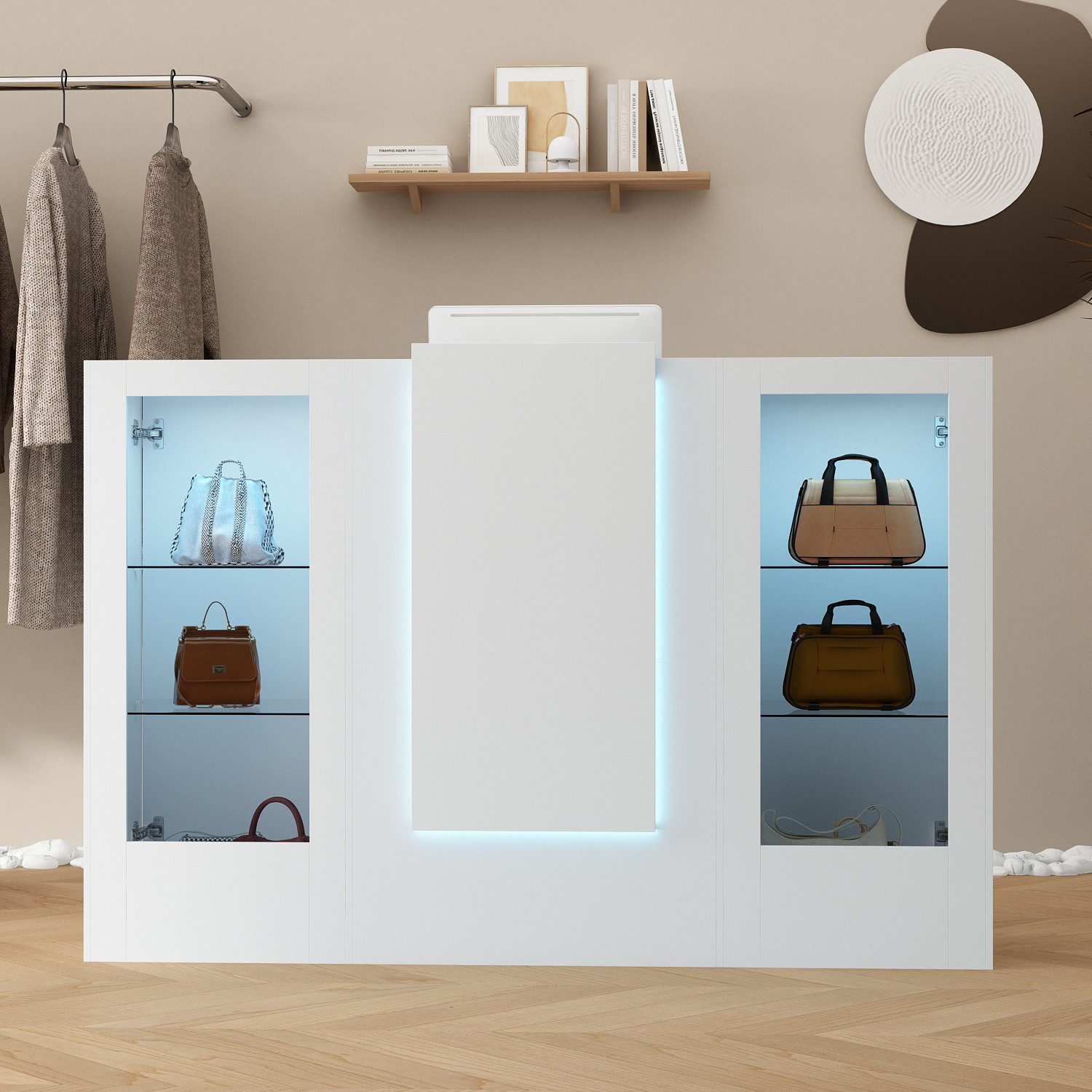 HOMSEE Empfangstheke mit LED-Beleuchtung & Glasvitrinen, Empfangstresen 150 x 52 x 100 cm (1-St), Einfache Montage, langlebig & ideal für professionelle Präsentation