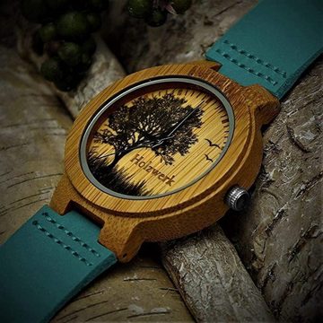 Holzwerk Quarzuhr ETTINGEN Damen & Herren Holz Armband Uhr, Baum Motiv, braun, blau