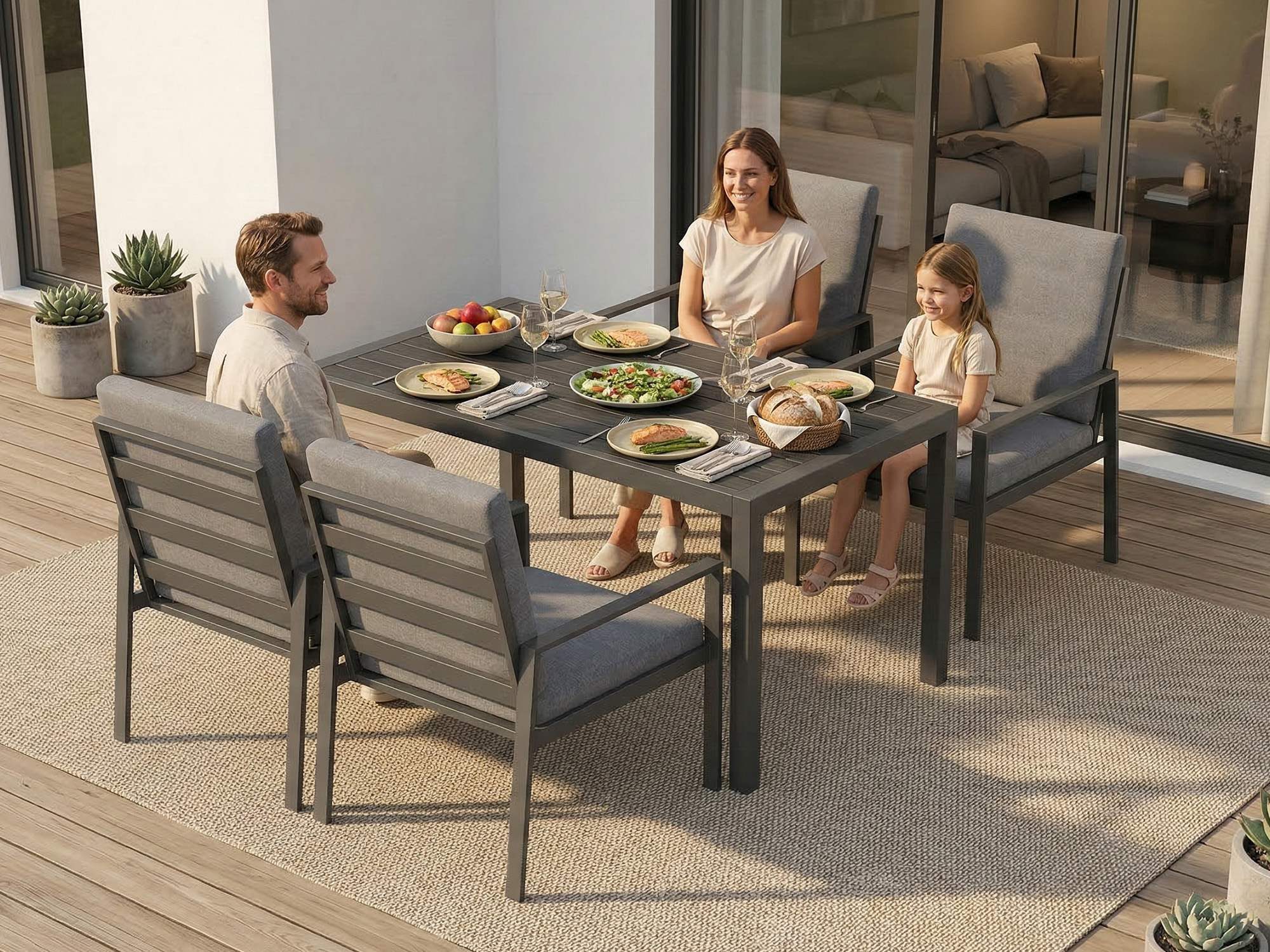 MeXo Gartenlounge-Set Gartenmöbel Set aus Aluminium mit Esstisch, (wetterfest, hoher Sitzkomfort, 5-tlg., bis 140 kg belastbar), mit pflegeleichte Polywood-Tisc – Bild 5 von 5