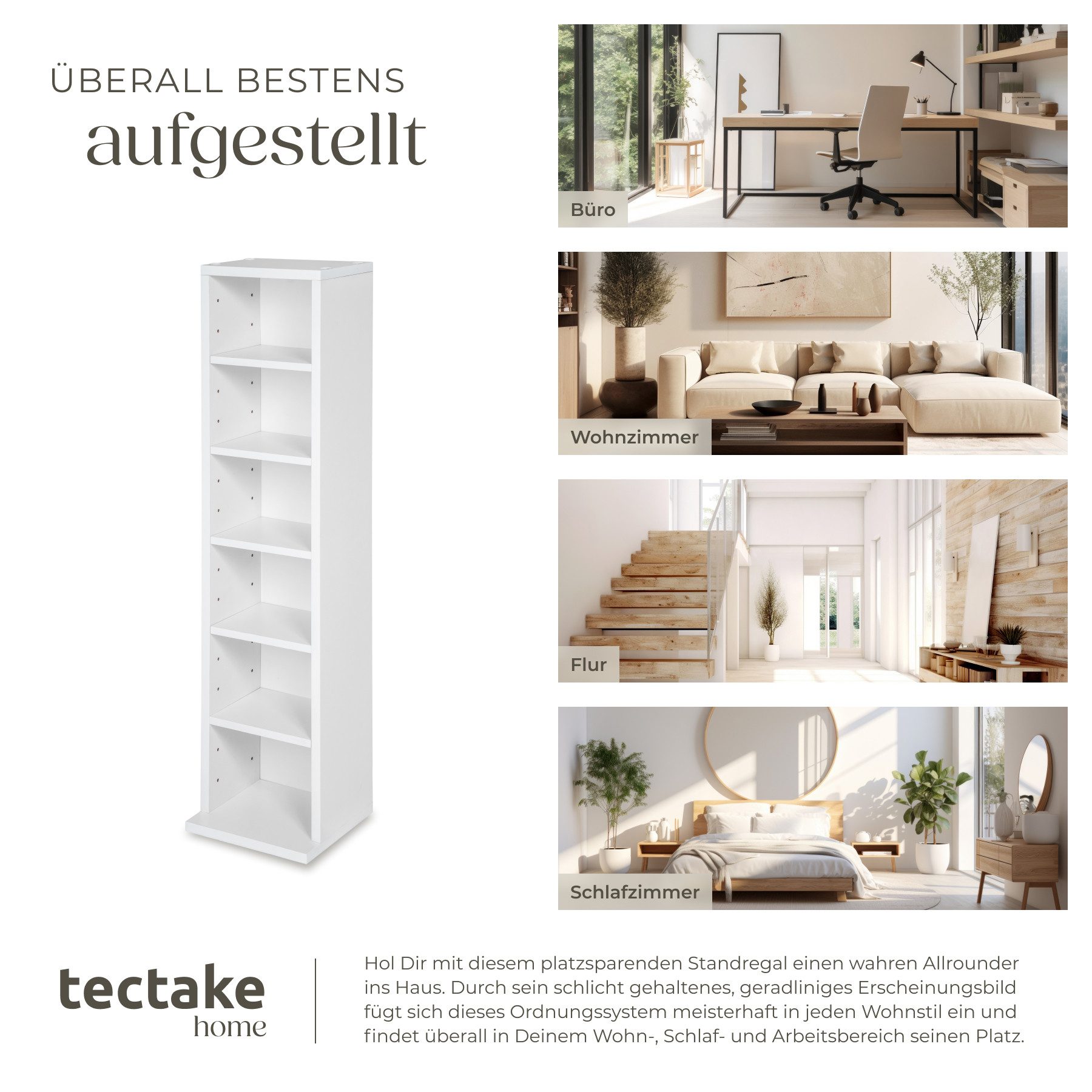 tectake CD-Regal Standregal Medienregal in Holzoptik 90x21x20cm, Sammlerset 1-tlg., höhenverstellbare und herausnehmbare Zwischenböden – Bild 5 von 5