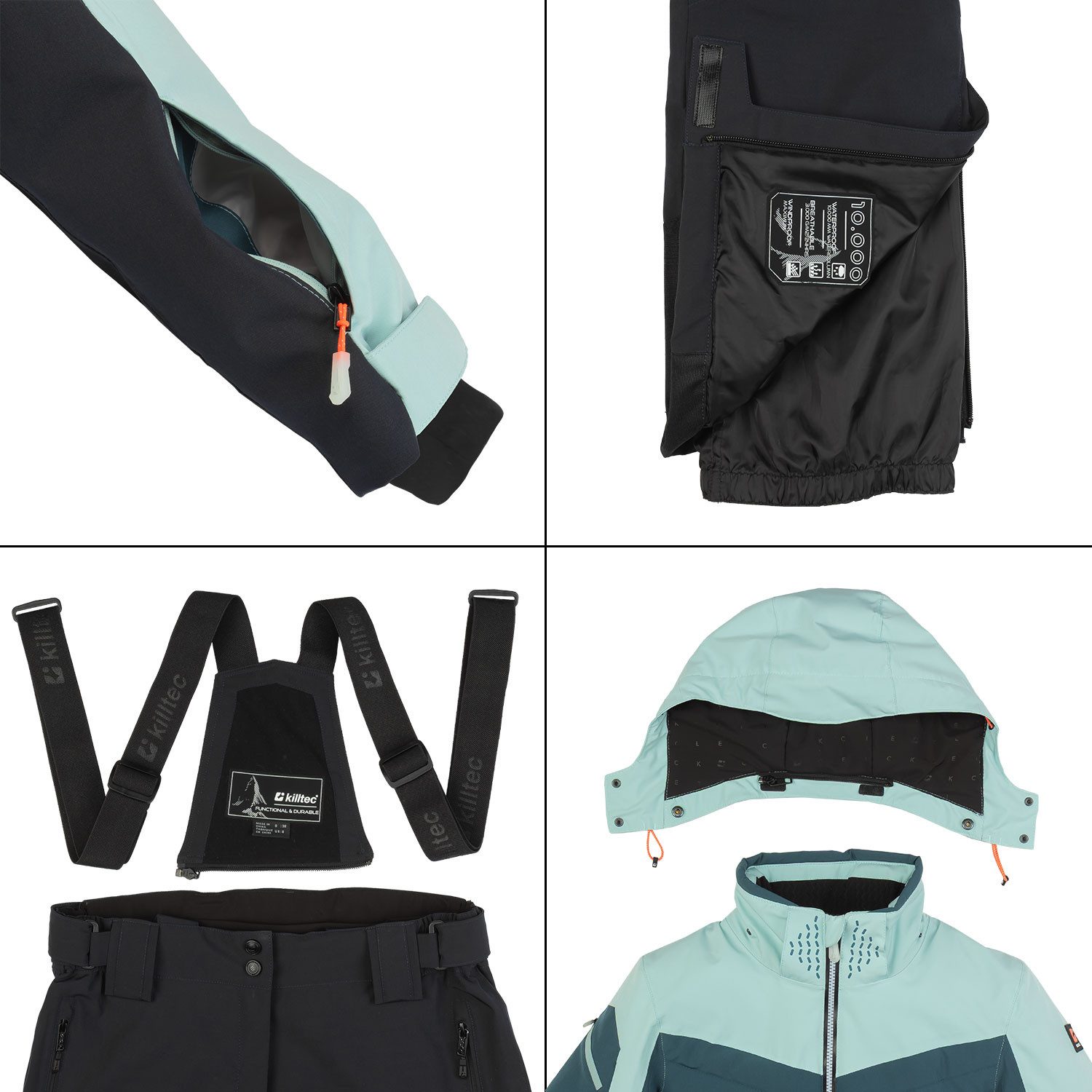 Killtec Skianzug Damen Skijacke petrol + Skihose schwarz, atmungsaktiver Stoff - mit Schneefang - wasserdicht - winddicht