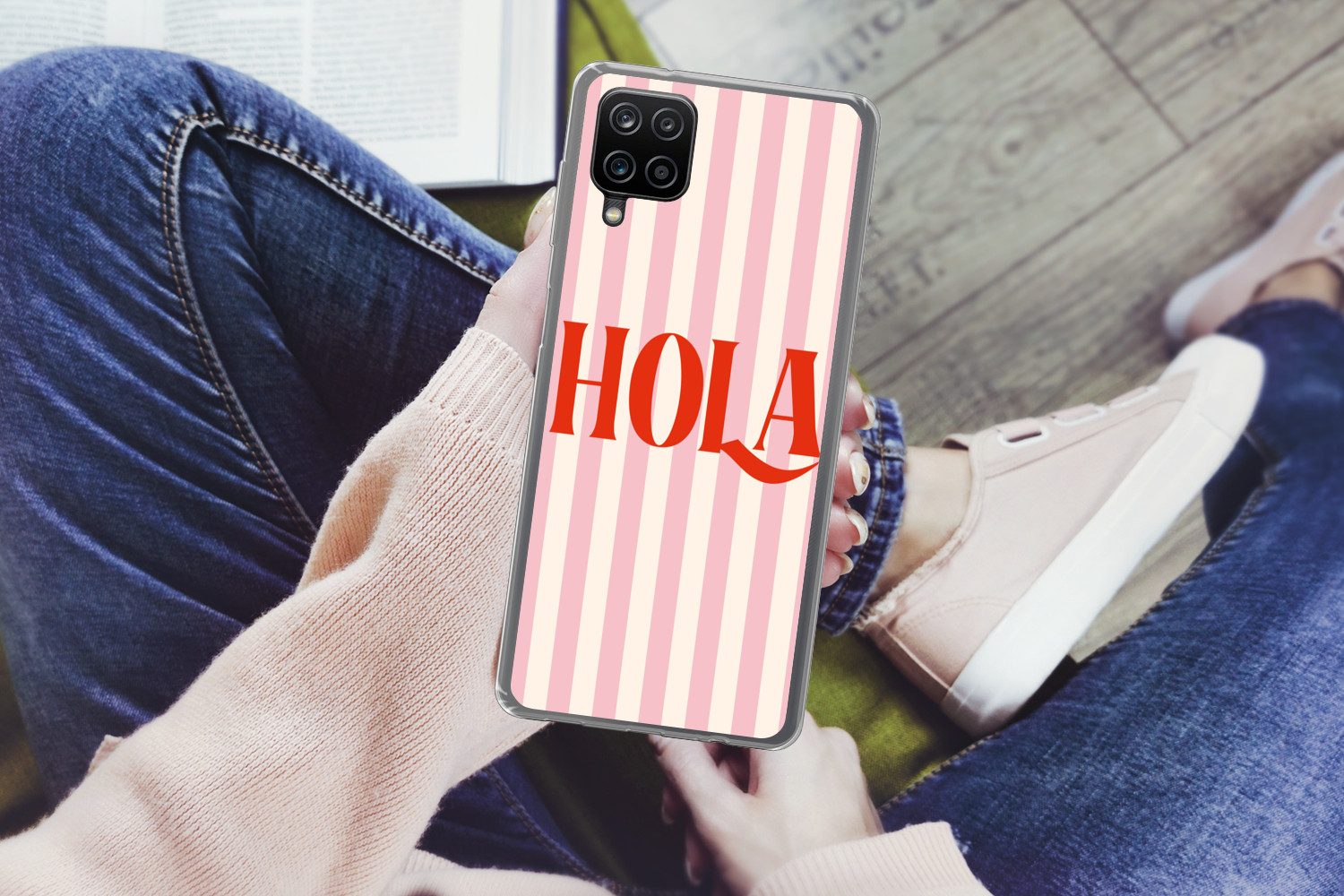 MuchoWow Handyhülle für Samsung Galaxy A12 Hola - Zitat - Streifen - Pastell - Rosa - Rot, Smartphone-Bumper, Print, Handy Schutzhülle Dünn