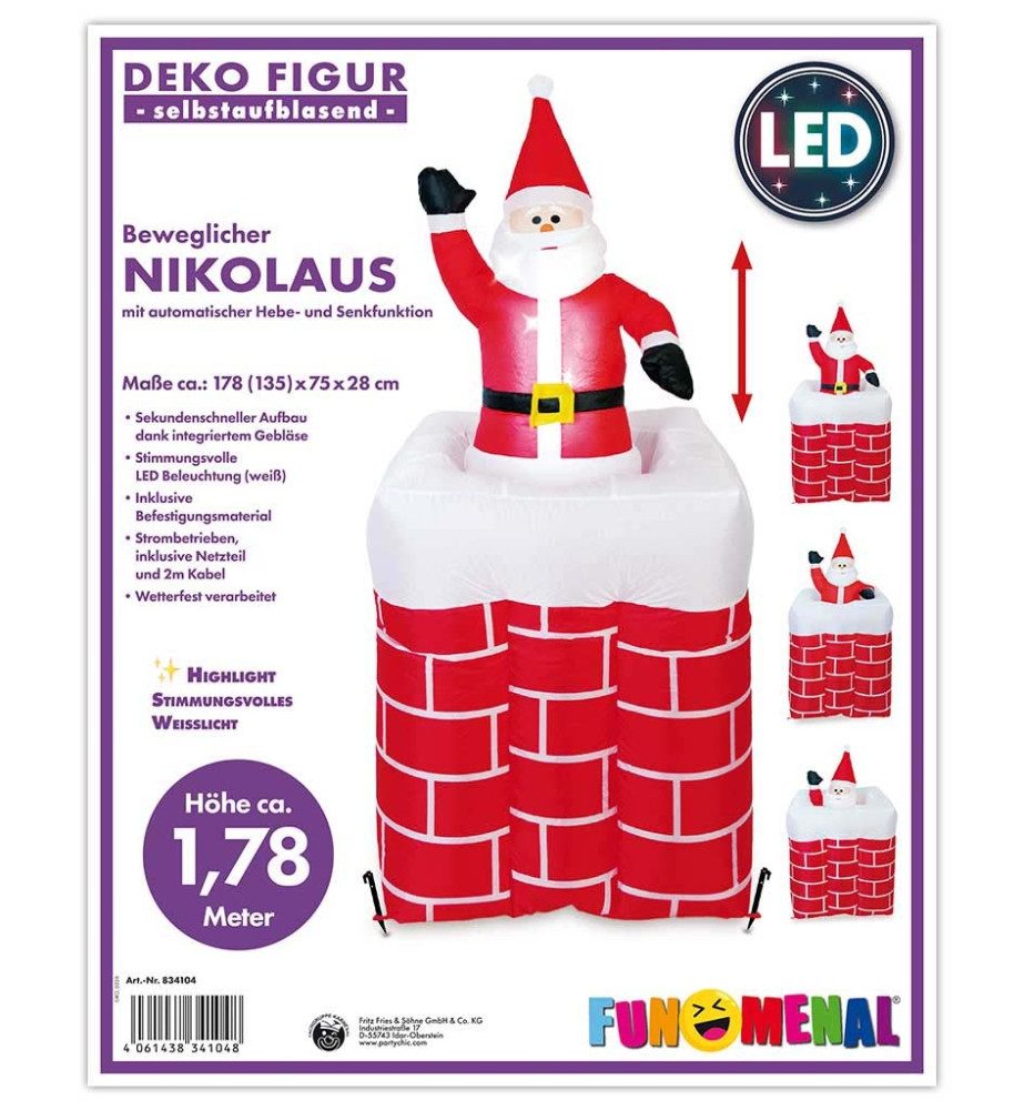 Fries Aufblasbares Partyzubehör XXL Selbstaufblasender Beweglicher Nikolaus Garten Deko mit LED, Highlight: Mit automatischer Hebe und Senkfunktion