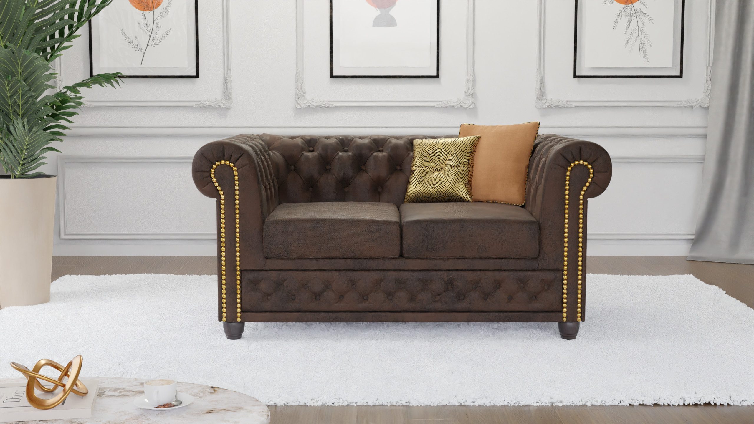 S-Style Möbel Chesterfield-Sofa Anton 2-Sitzer Sofa mit Schlaffunktion mit Holzfüßen, Mit Wellenfederung