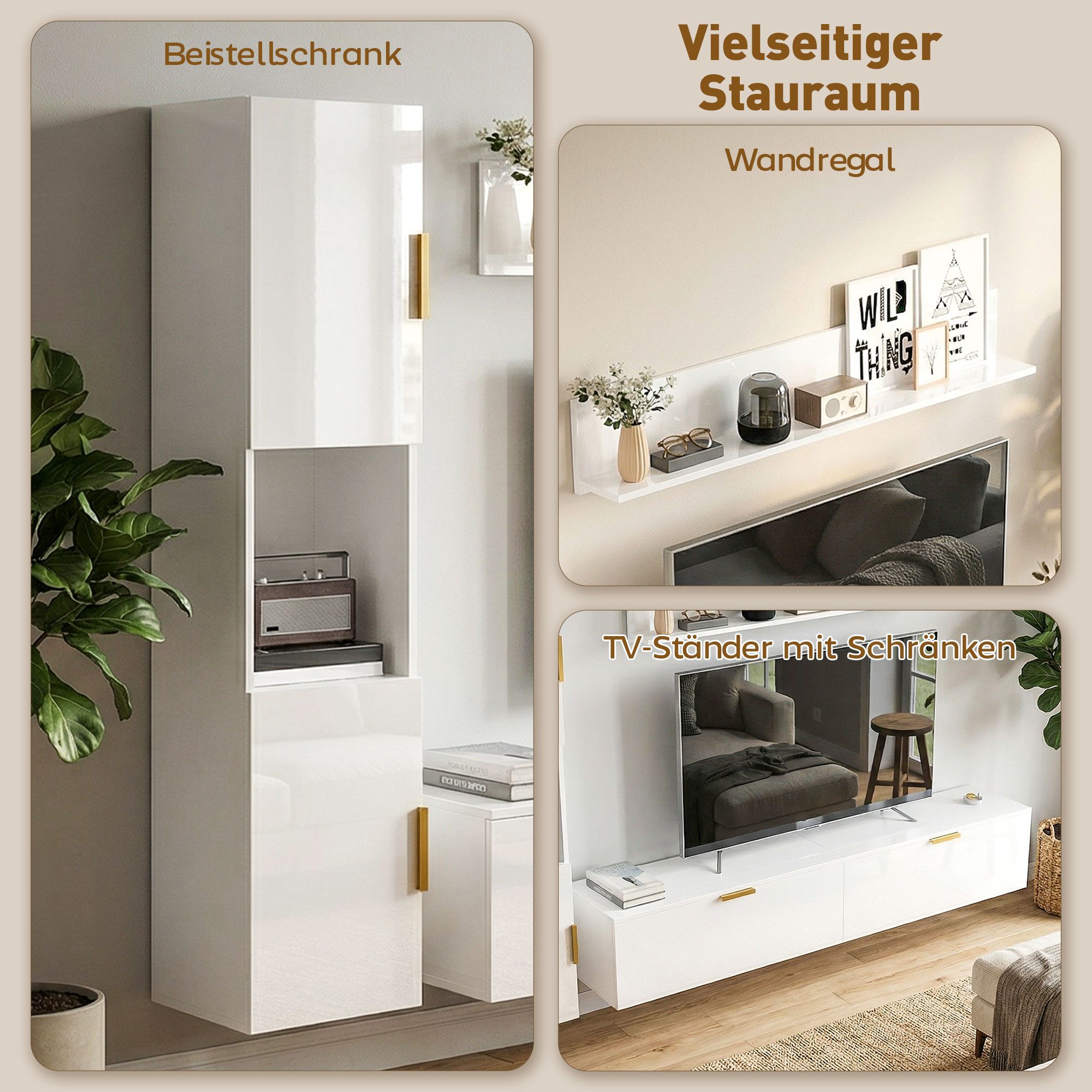 HOMCOM TV-Regal 3-teiliges TV Set, Fernsehschrank Fernsehtisch mit Klapptüren, Wohnwand Wohnzimmer 1-tlg., für Fernseher bis 55", Hochglanzweiß – Bild 4 von 5