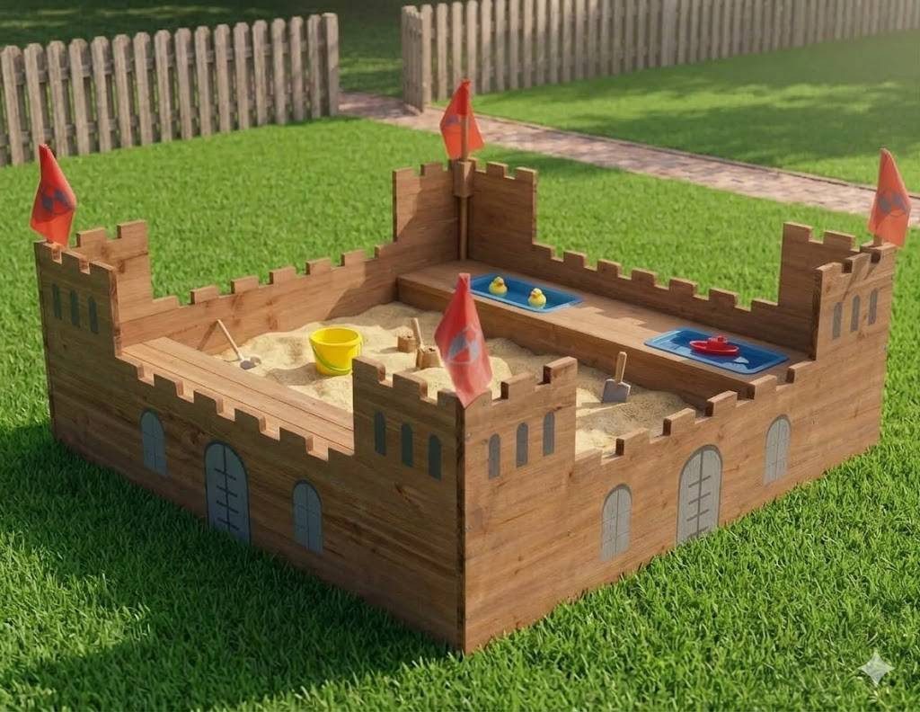 Sandkasten Sandkasten Ritterburg Vollholz Bodenvlies Sandbox SandkisteStauraum, (Packung, 1-tlg., inkl. Bodenvlies und Abdeckplanne), 113x70x113 cm