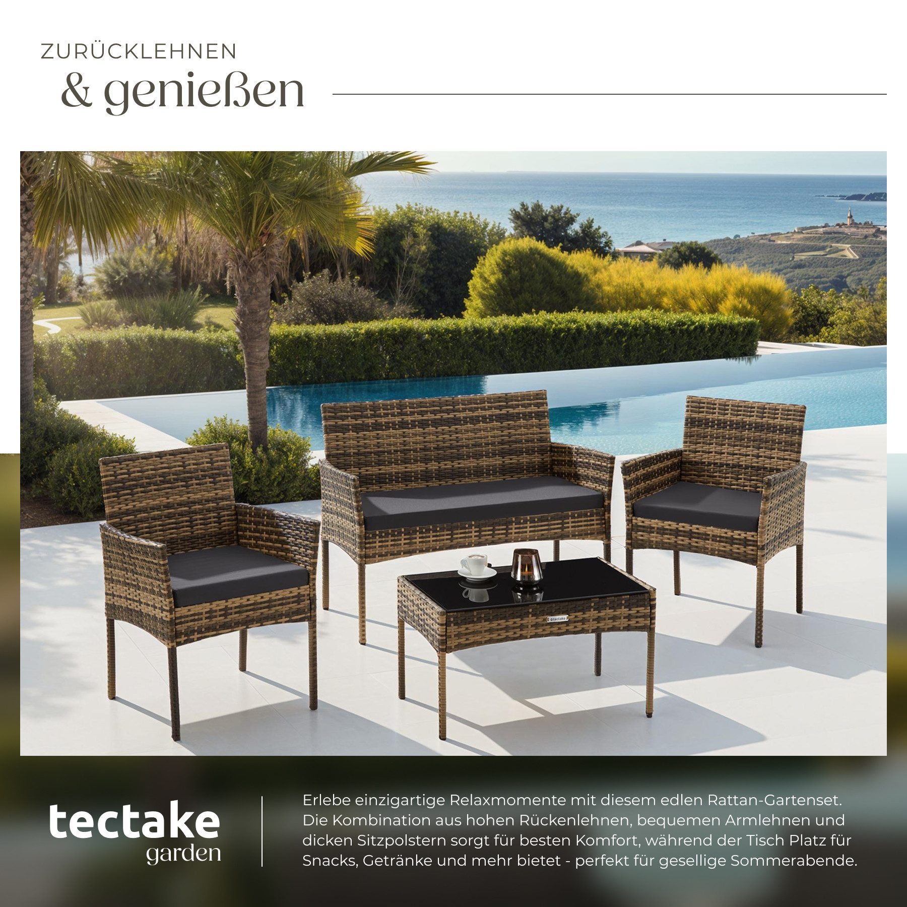 tectake Sitzgruppe Rattan Gartenset für 4 Personen, Sofa 250 kg, je Sessel 120 kg, (Loungeset Palese, 4-tlg., für Außen in Naturfarben), abnehmbare Polyesterbezüge, wetterfest, mit Sicherheitsglasplatte