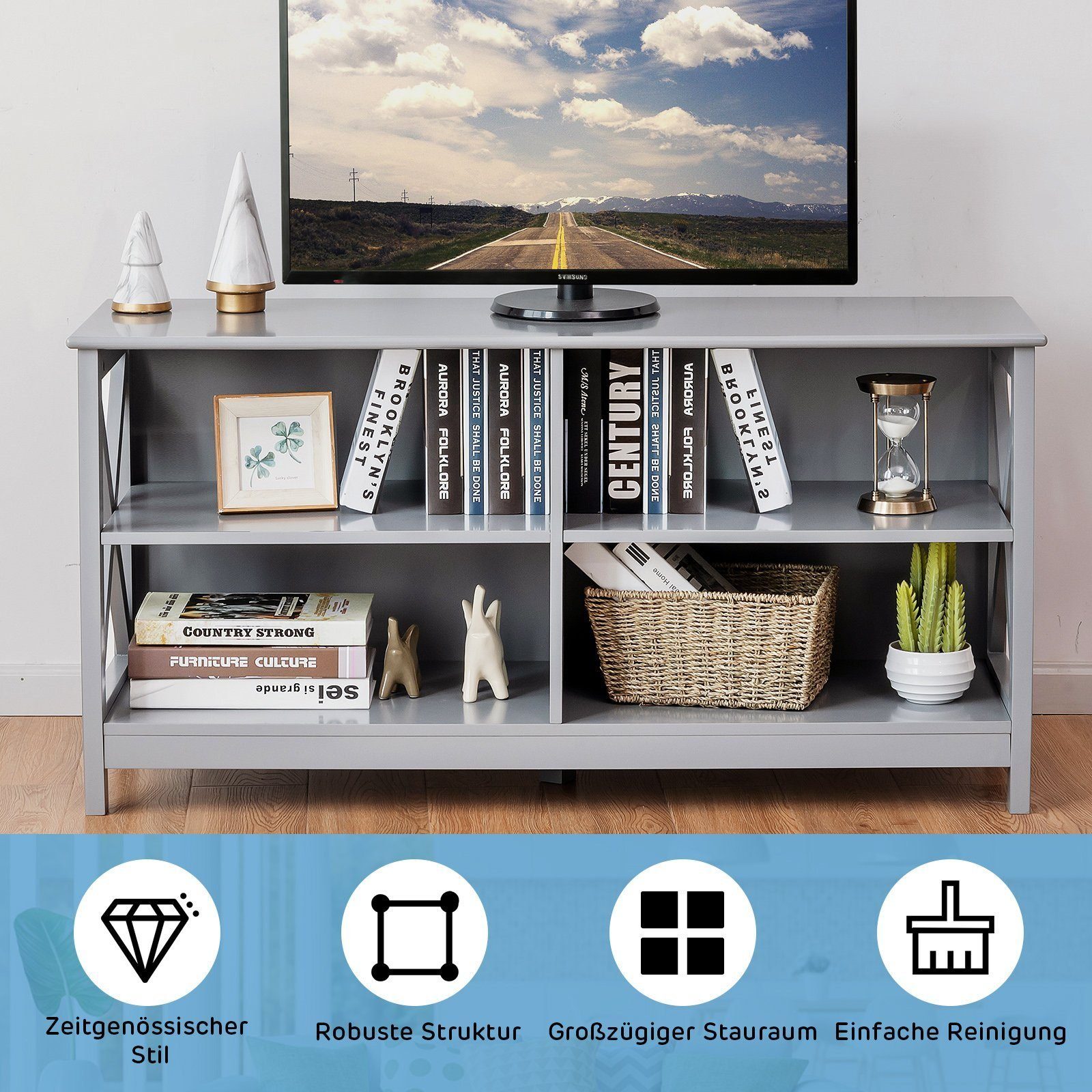Fernsehschrank für Wohnzimmer und Schlafzimmer Landhausstil TV Board mit 2 Rattan Türen Lowboard mit höhenverstellbaren Ablagen und offene Regalen COSTWAY Fernsehtisch für Fernseher vis zu 55 Zoll