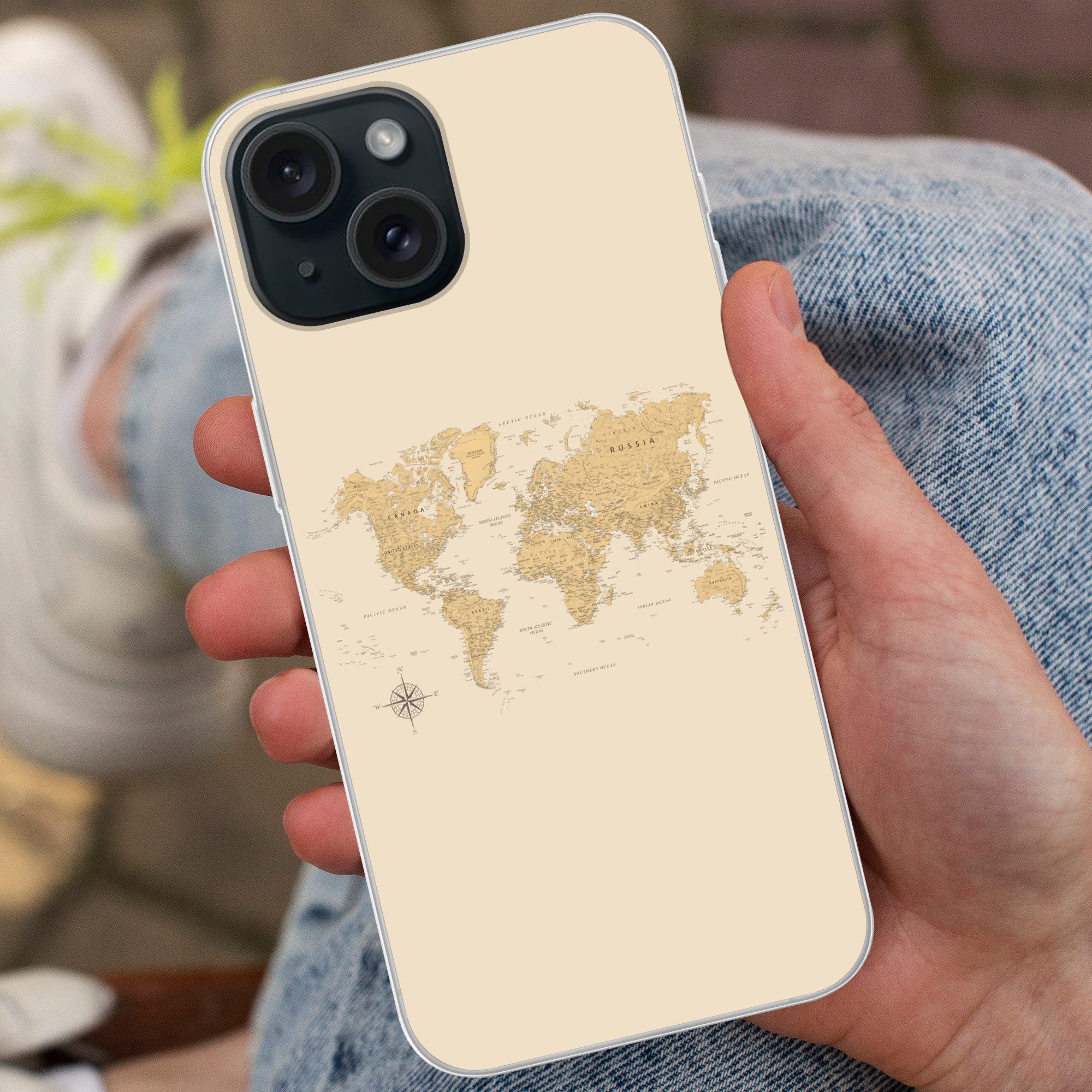 MuchoWow Handyhülle für Apple iPhone 15 Weltkarte - Realistisch - Beige, Smartphone-Bumper, Print, Handy Schutzhülle Dünn