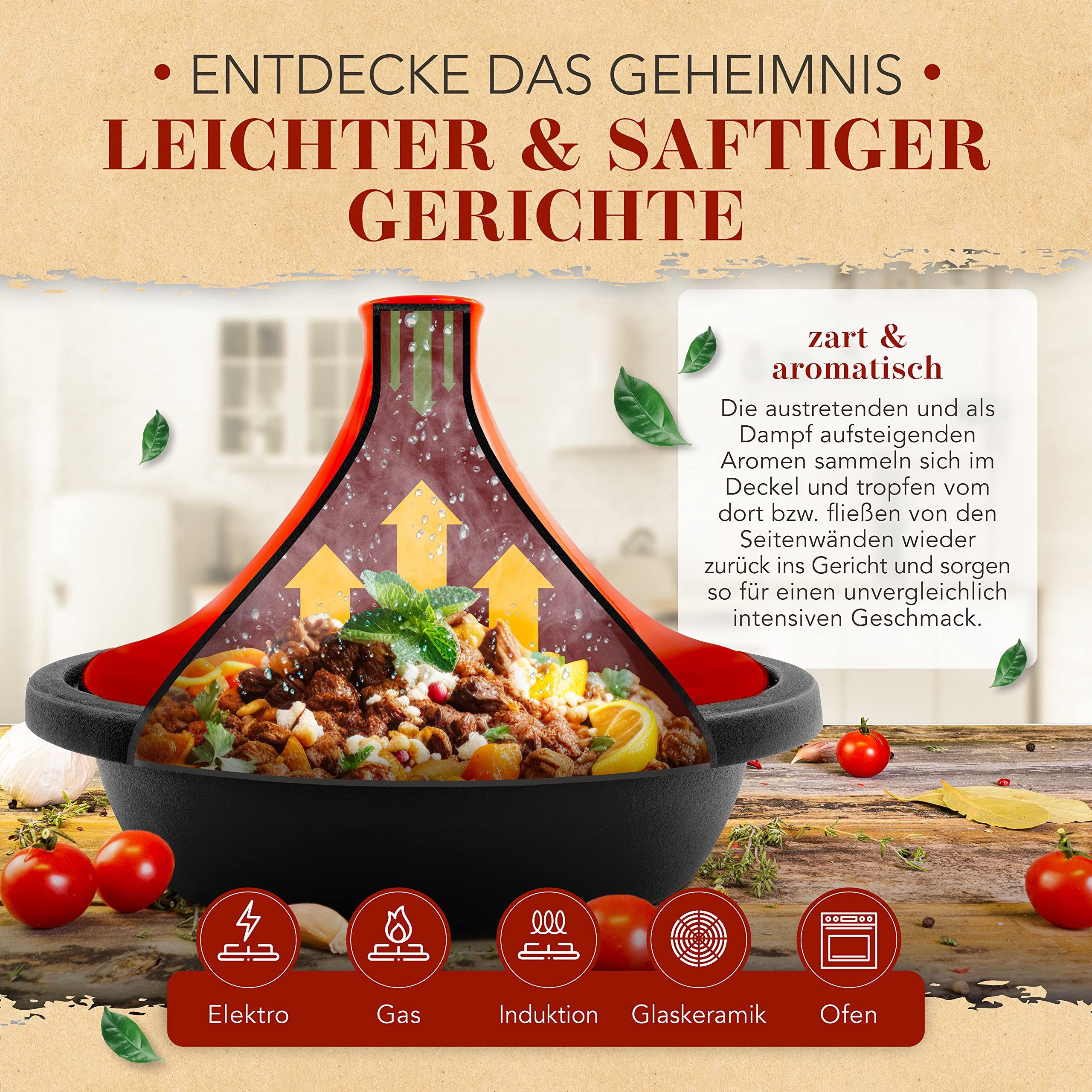 Krustenzauber Dampfgartopf Tajine Topf 2-4 Personen - Hochwertige 27cm Gusseisen Tajine, (Tajine Induktion und Ofengeeignet, Tajine-Topf, marokkanische Tajin, Tachine, Tagine, Tahini, Tajines, Tahin)