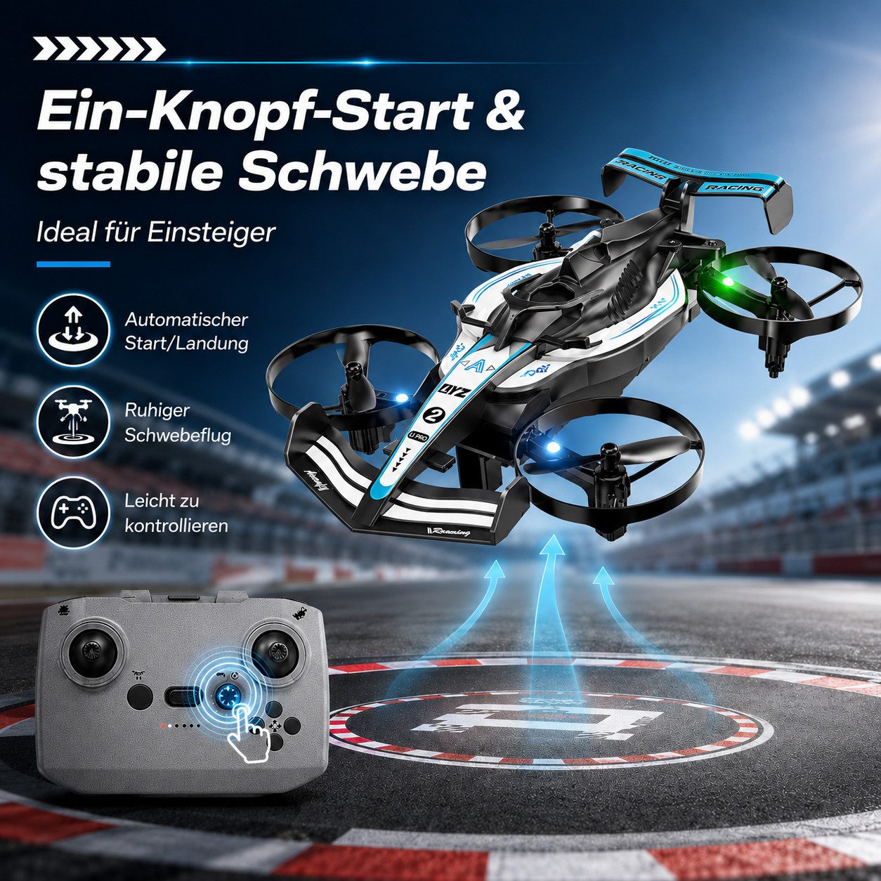 Goldstern-Tech RC-Quadrocopter (RC Flugauto Rennauto, 2-in-1 Drohnenauto mit Driftfunktion), LED-Licht, Headless Mode, Ein-Tasten-Start & USB-Akku