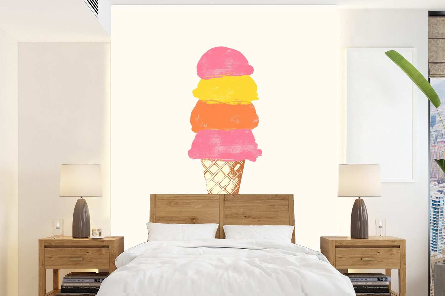 MuchoWow Fototapete Schaufel Eiscreme - Hörner - Illustration - Minimalistisch, Matt, bedruckt, Wallpaper für Wohnzimmer, Schlafzimmer, Vinyl Tapete, 165x220 cm