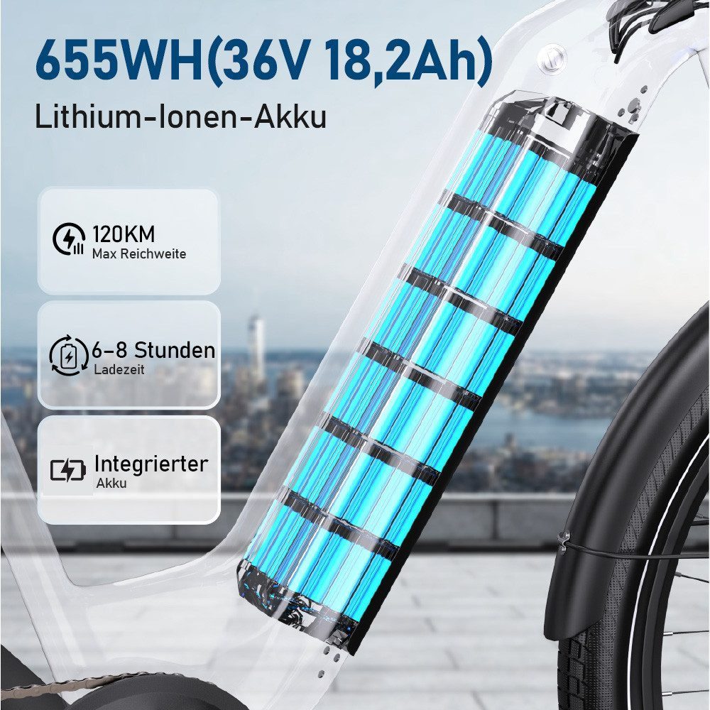 Onesport E-Bike Cityrad OT05 e bike für herren 28 zoll 18.2AH 36V 655WH damen 120km, 7 Gang SHIMANO, Heckmotor, 655,2 Wh, e bike für damen herren 28 zoll Cityrad 7 Gang Shimano hydraulischen