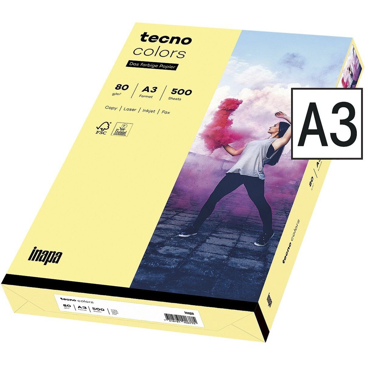 Inapa tecno Drucker- und Kopierpapier Rainbow / tecno Colors, Pastellfarben, Format DIN A3, 80 g/m², 500 Blatt hellgelb