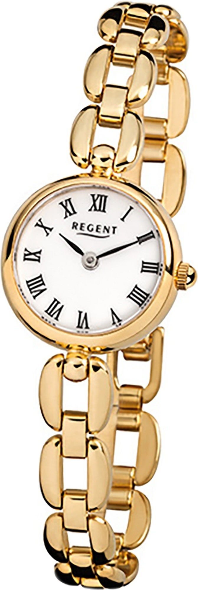 Regent Quarzuhr »Regent Stahl Damen Uhr F-803 Quarzuhr«, (Analoguhr),  Damenuhr mit Edelstahl, ionenplattiert goldarmband, rundes Gehäuse, klein  (ca. 20mm), Elegant-Style