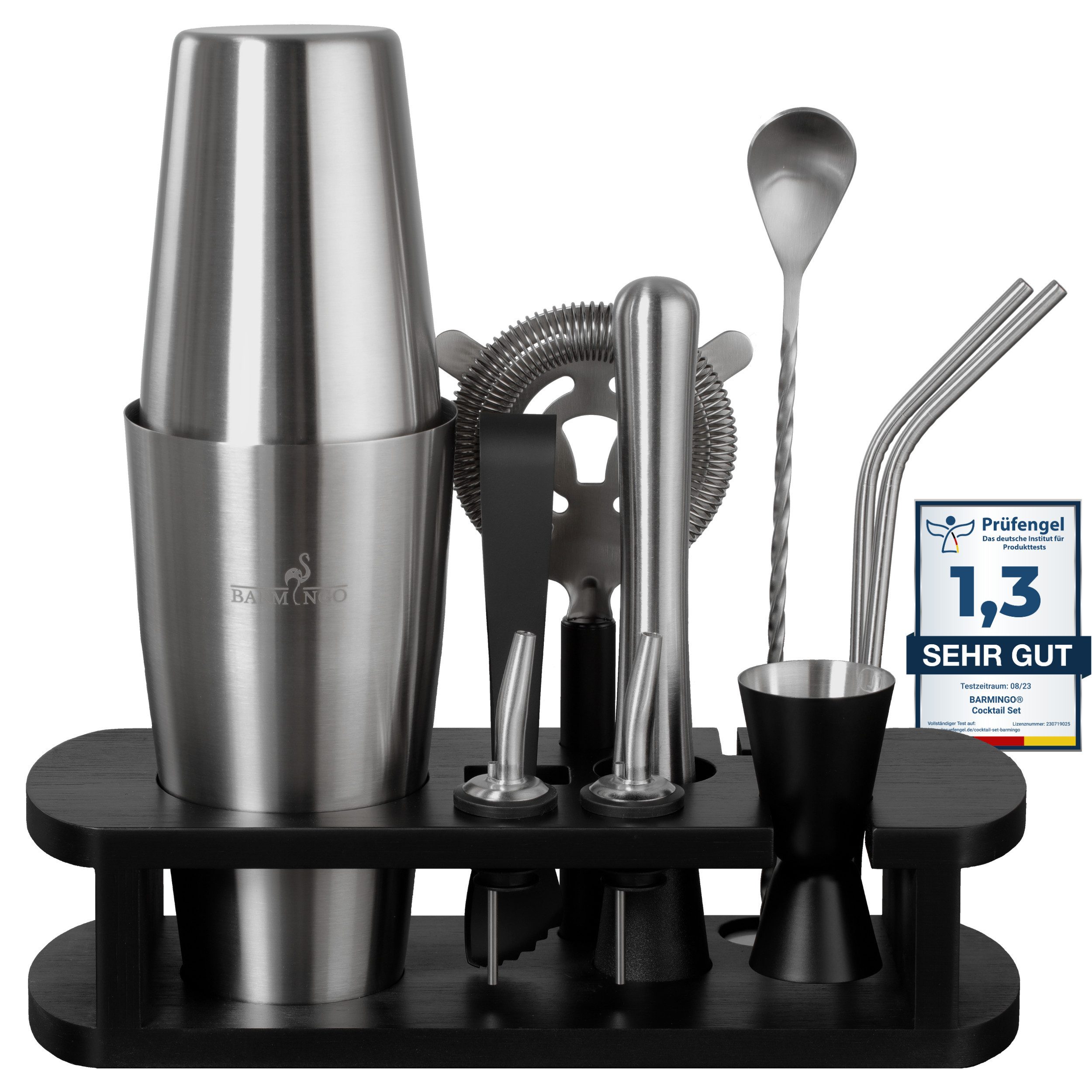 BARMINGO Cocktail-Set Edelstahl Boston Cocktail Shaker Set (825 ml) mit Bar Zubehör, (Cocktailshaker Set, 11-tlg., Für Profis und Anfänger), Cocktail Zubehör mit hochwertigem Bambusständer
