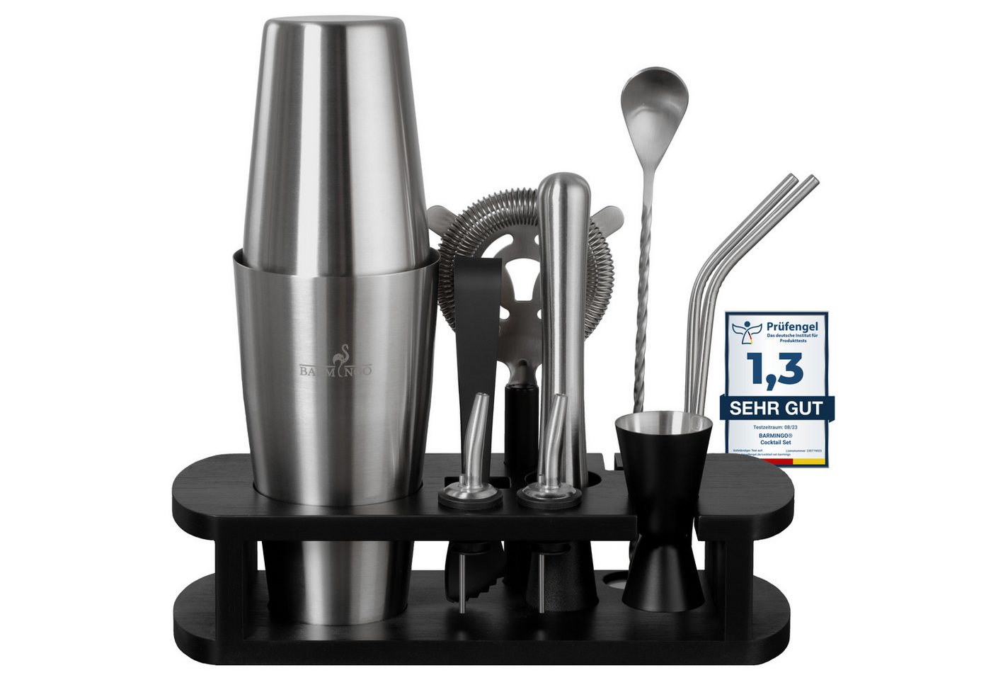 BARMINGO Cocktail-Set Edelstahl Boston Cocktail Shaker Set (825 ml) mit Bar Zubehör, (Cocktailshaker Set, 11-tlg., Für Profis und Anfänger), Cocktail Zubehör mit hochwertigem Bambusständer