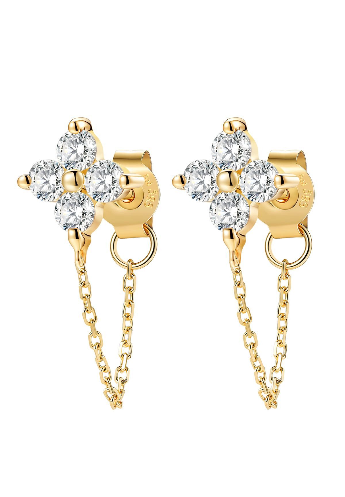 Dear Me Paar Ohrhänger 585 Gold Fortuna, mit Diamant-Blume, 14K Echtgold Damen Diamantenohrringe mit fließender Kette
