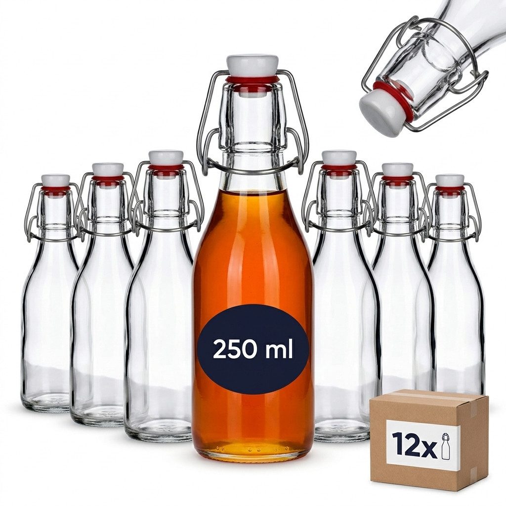 gouveo Trinkflasche gouveo 12er Set Glasflasche 250 ml rund mit Bügelverschluss (BFR250), 12er Set Mehrweg-Bügelflaschen 250 ml – auslaufsicher