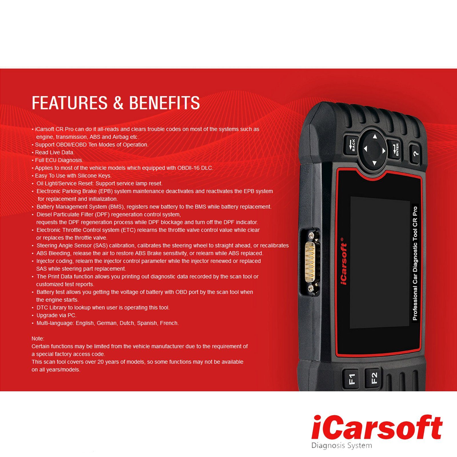 iCarsoft OBD2-Diagnosegerät CR PRO OBD-2 Scanner + Kostenlose Online Updates DEUTSCH – Bild 5 von 5