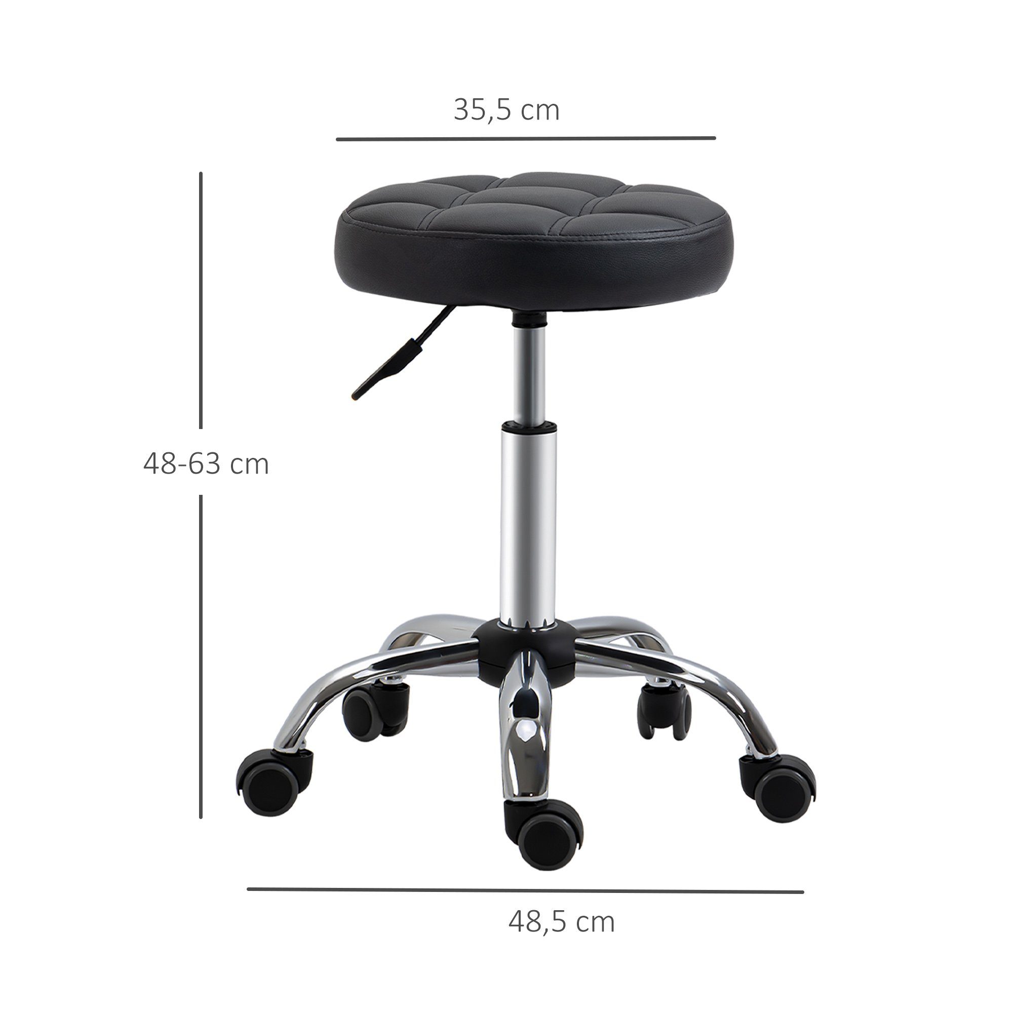 HOMCOM Rollsitz Drehhocker, 360° drehbar, Bürohocker für Büro, Salon, Massage,Spa (Arbeitshocker, 2 St., Rollhocker), Kunstleder Schwarz Ø35,5 x 48-63 cm