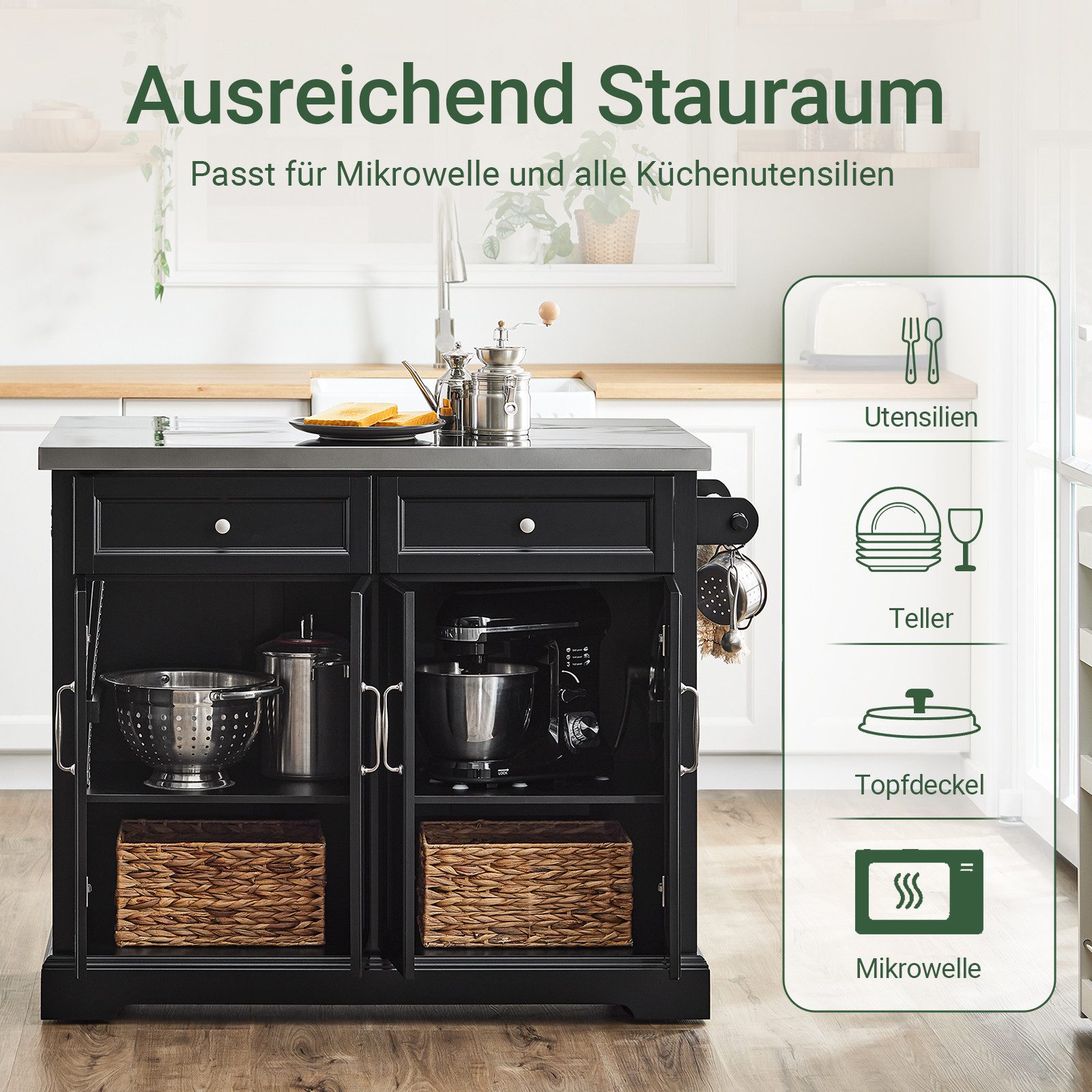 SoBuy Küchenwagen Servierwagen mit Rollen, Rollwagen, Barwagen, Küche, Esszimmer, Küchenschrank Kücheninsel mit erweiterbarer Arbeitsplatte, mit 2 Türen