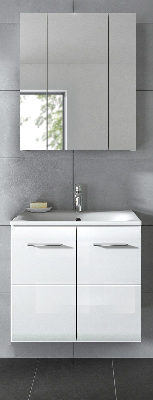 Inn.Furn Badmöbel-Set Cover, (Badezimmer in Weiß Hochglanz, Breite 60 cm), inklusive Keramik Waschbecken