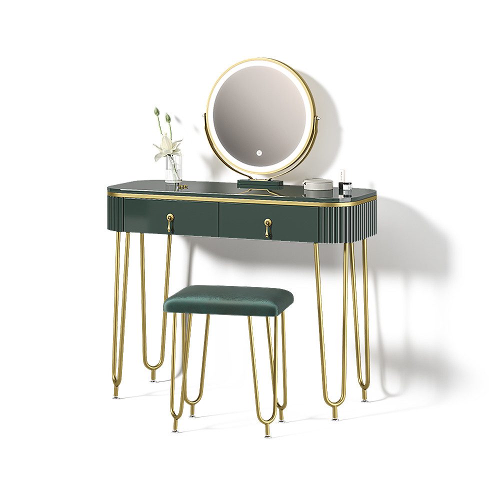 Livinity® Schminktisch Isonca, Dunkelgrün Hochglanz, mit LED Beleuchtung und Hocker (2-St)