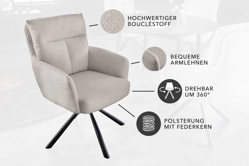 riess-ambiente Polsterstuhl BIG GEORGE greige – 360° drehbar, mit Armlehnen & Federkern (Einzelartikel, 1 St), Bouclé-Bezug & stabiles Metallgestell - ideal für – Bild 5 von 5