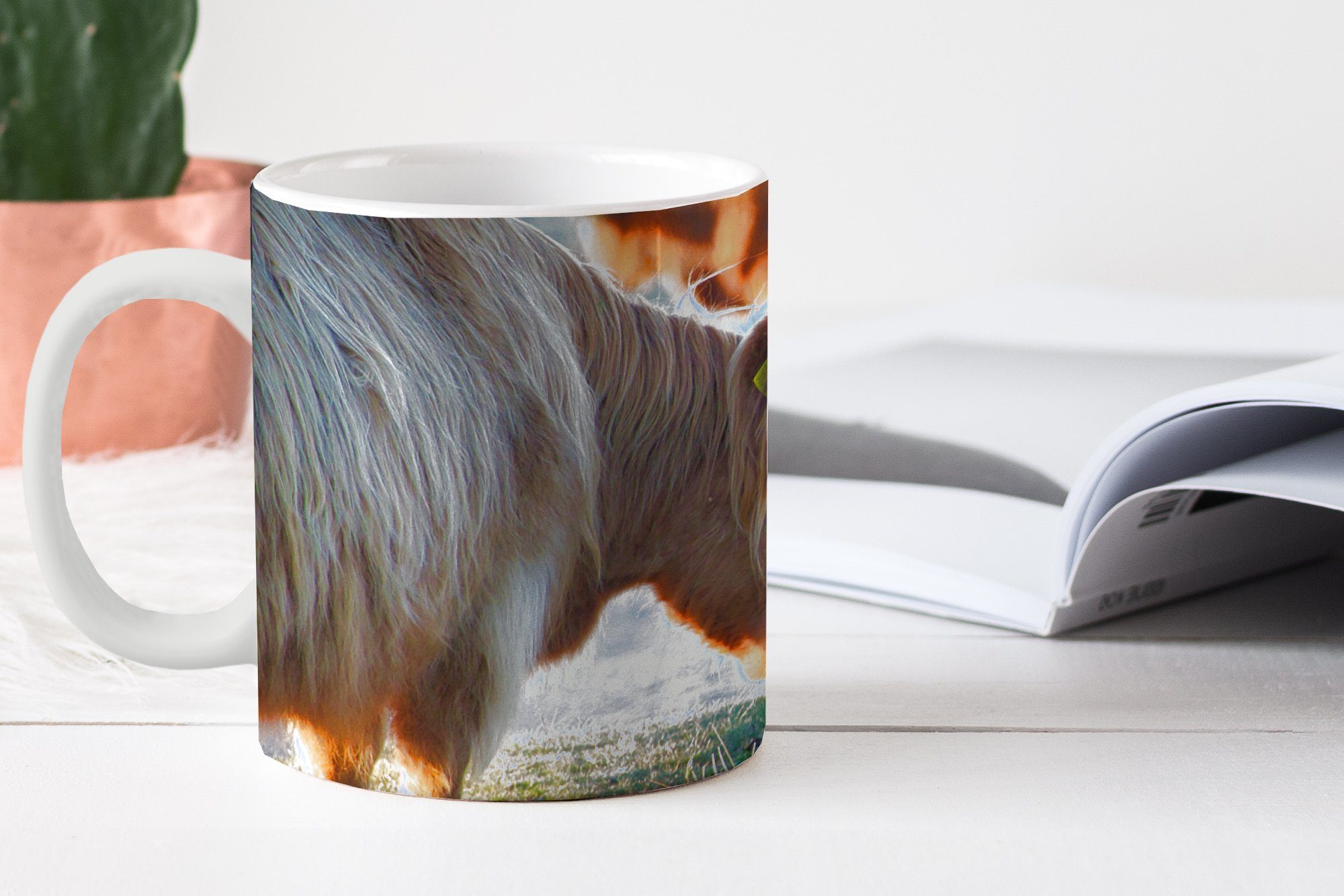 MuchoWow Tasse Sonne, Highlander Teetasse, Kaffeetassen, Tiere Becher, Geschenk Teetasse, Schottische - Keramik, 