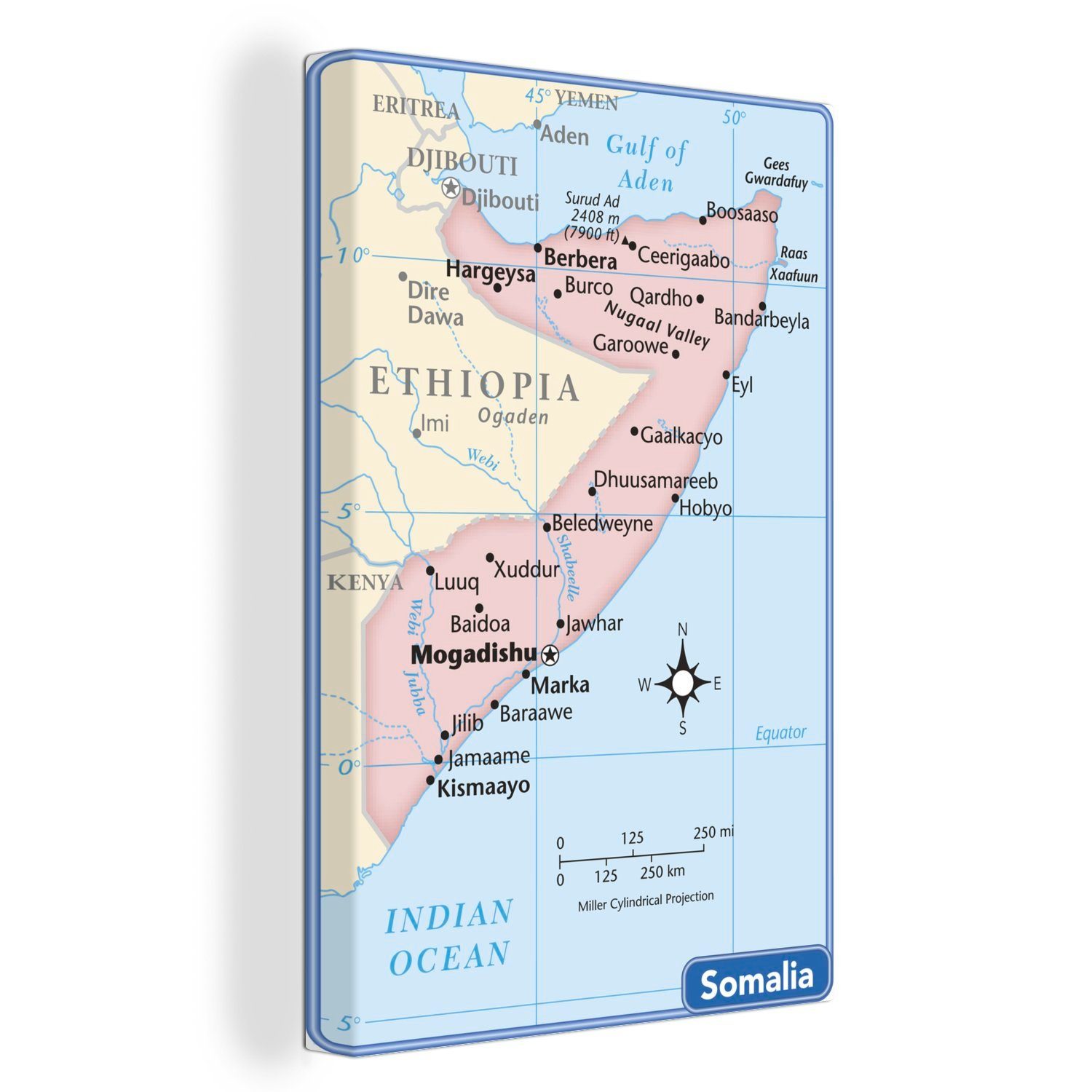 OneMillionCanvasses® Leinwandbild Illustration einer Karte von Somalia mit blauem Rand, (1 St), Leinwandbild fertig bespannt inkl. Zackenaufhänger, Gemälde, 20x30 cm