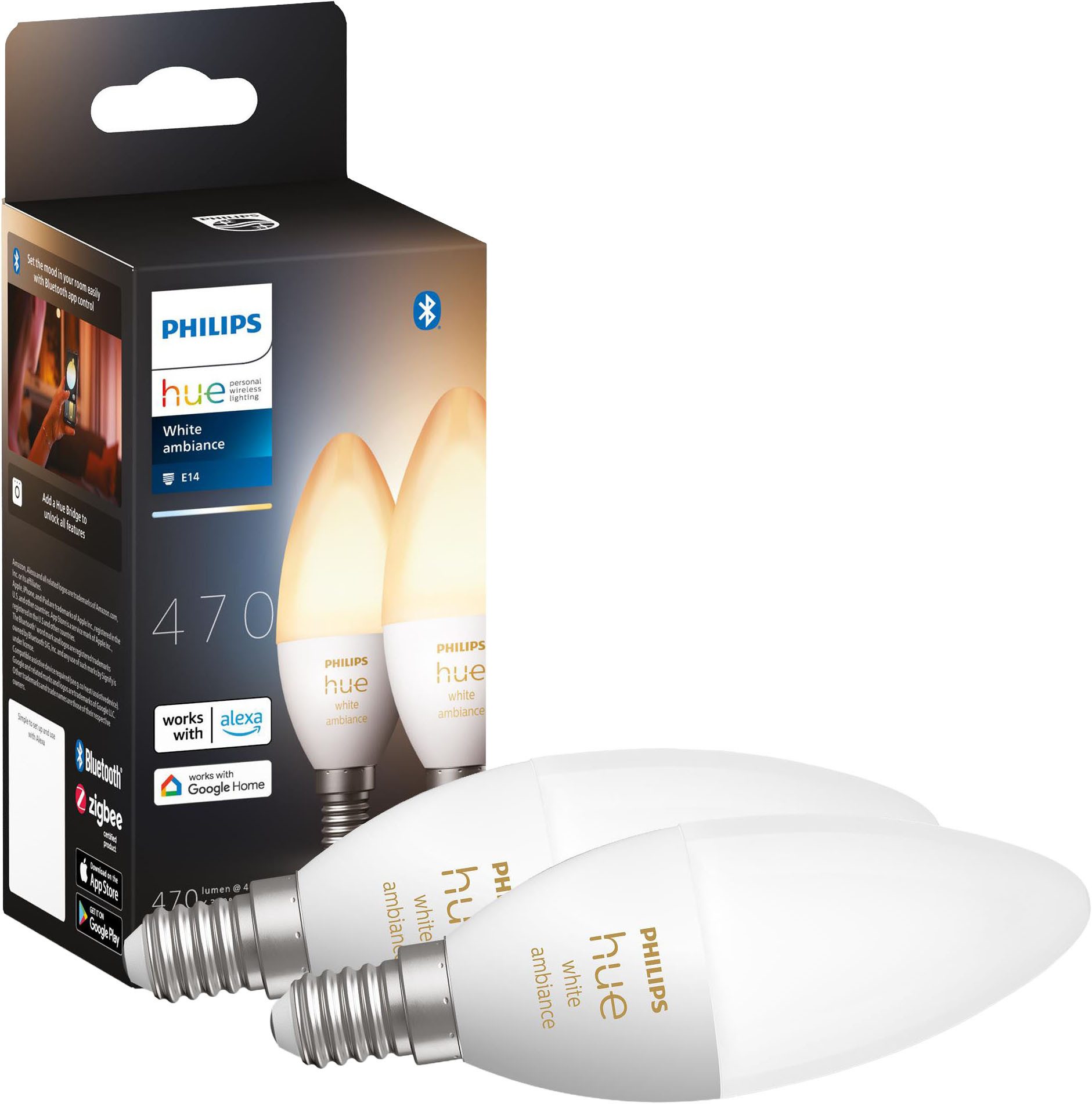 Philips Hue LED-Leuchtmittel White / White & Color Ambiance, Kerzenform 470lm, E14, 2 St., Farbwechsler