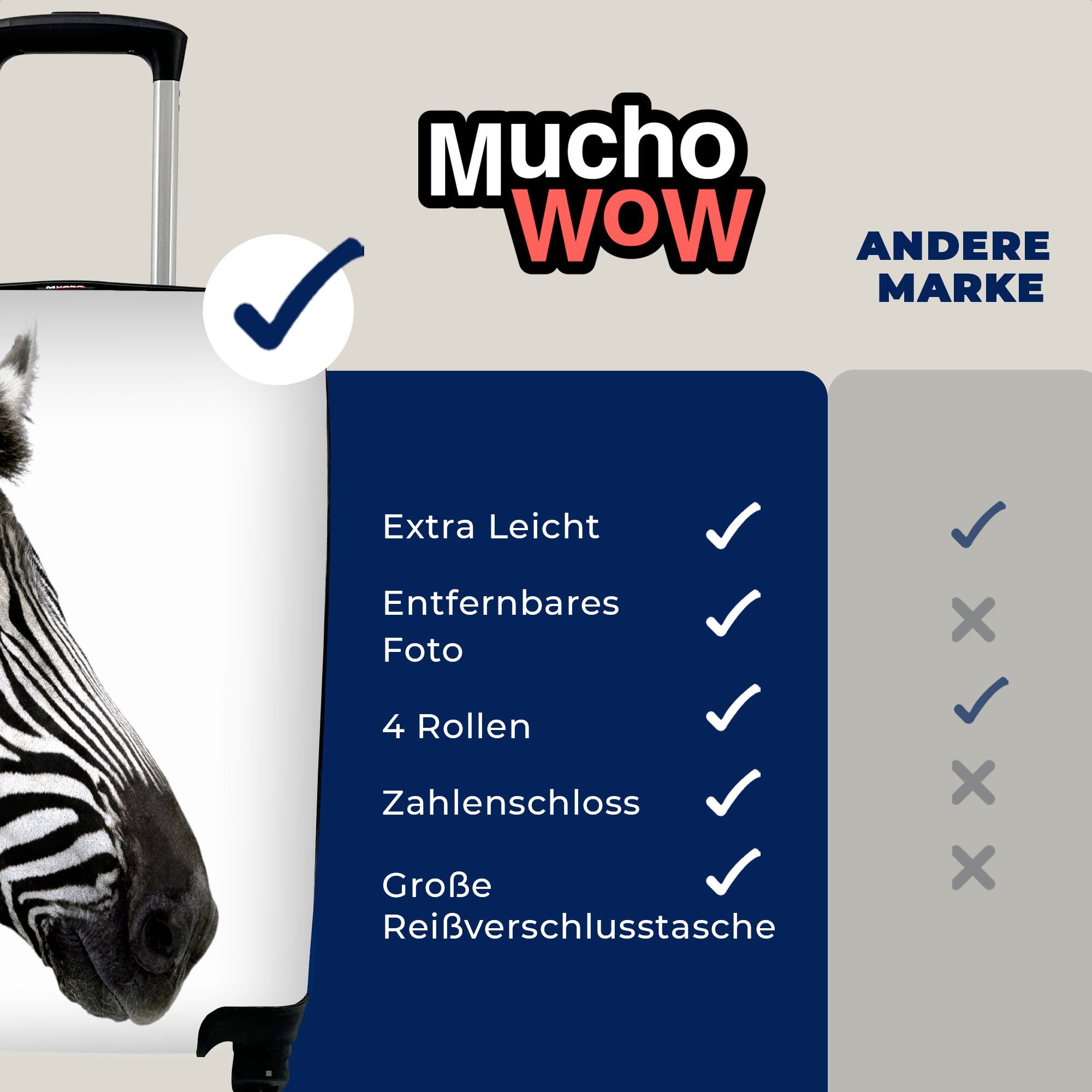 MuchoWow Handgepäckkoffer Nahaufnahme eines mit Reisekoffer rollen, Handgepäck Ferien, Reisetasche Trolley, Zebras, für Rollen, 4