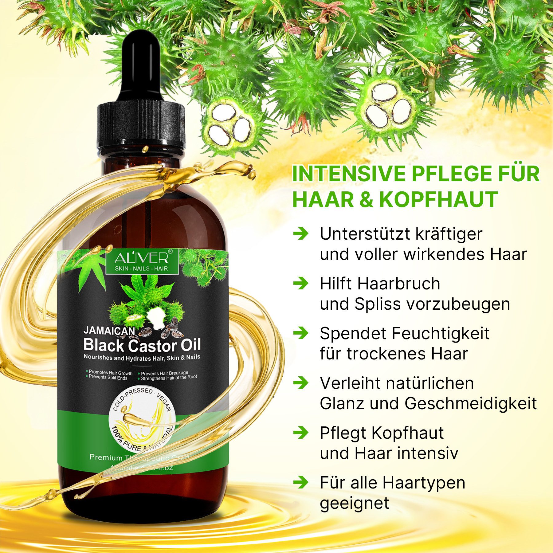 ALIVER Haaröl Rizinusöl Castor Oil Haut Haar Bart Wimpern Augenbrauen Nägel, 1-tlg., Feuchtigkeitscreme, Wimpernpflege, Augenbrauenpflege, Bartpflege