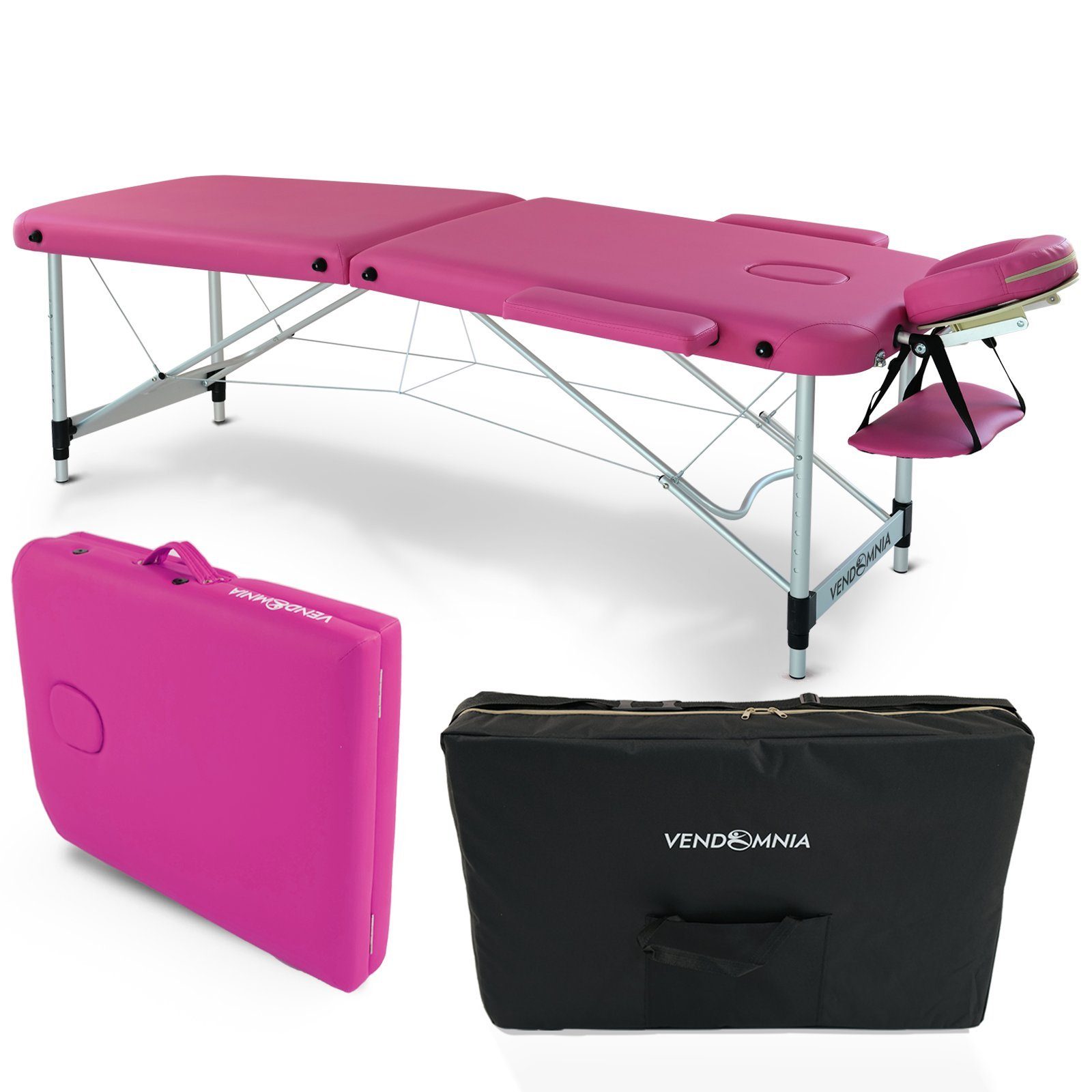 VENDOMNIA Massageliege Mobile Massageliege - Aluminium oder Holzfüße mit 2 - 3 Zonen (Klappbar Massagetisch Massagebett Massagebank Behandlungsliege), inkl. hochwertiger Kopfstütze Tasche Armlehnen
