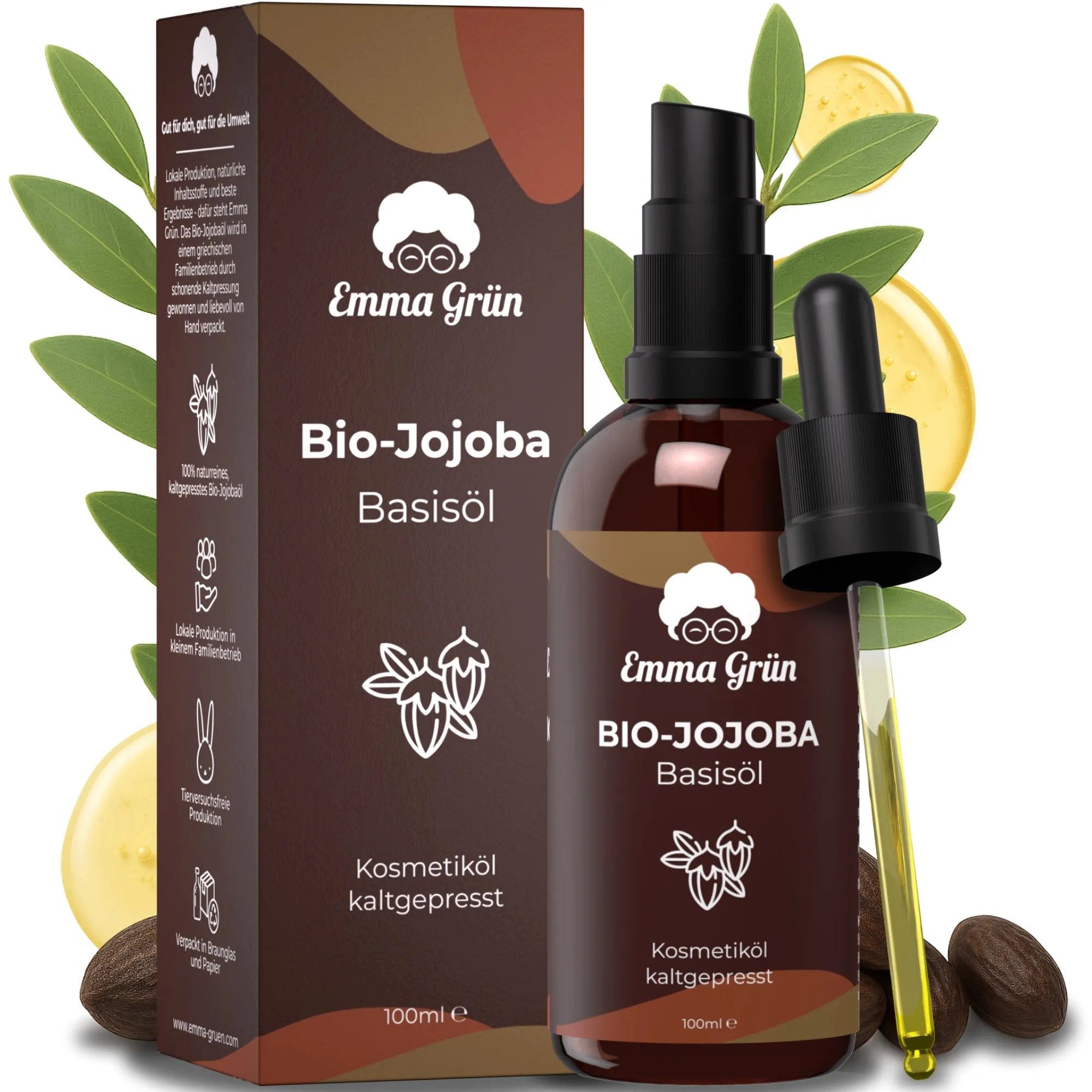 Emma Grün Körperöl Bio Jojobaöl Kaltgepresst 100ml [100% REIN], ‎Spendet Feuchtigkeit, zieht schnell ein, vielseitig einsetzbar