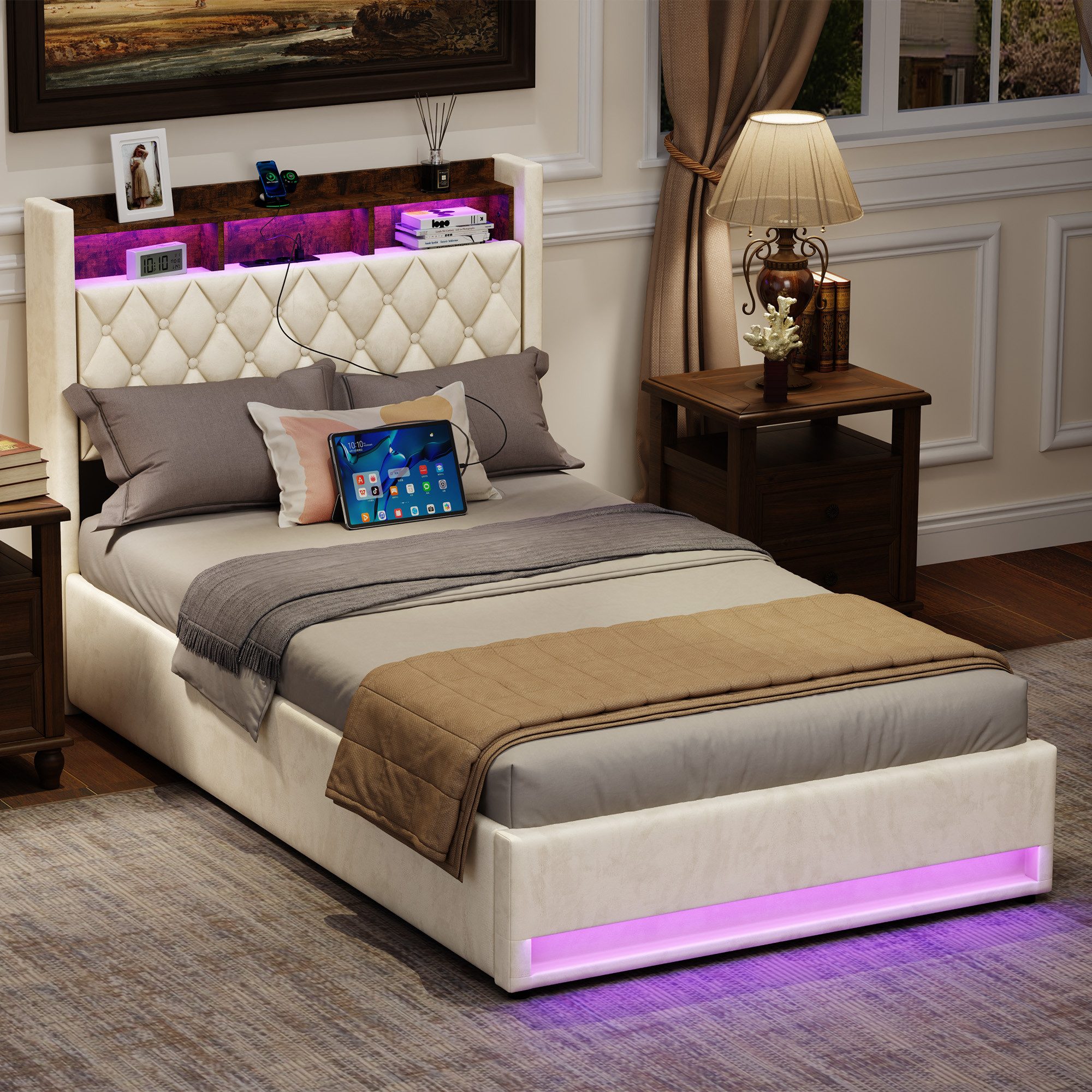 OKWISH Polsterbett mit holländischem Samt – Modern & Elegant (In 4 Größen erhältlich • Hochelastischer Schaum • Mit Lattenrost, 1-tlg., 90*200), Mit LED-Lichtleiste und USB-Aufladung