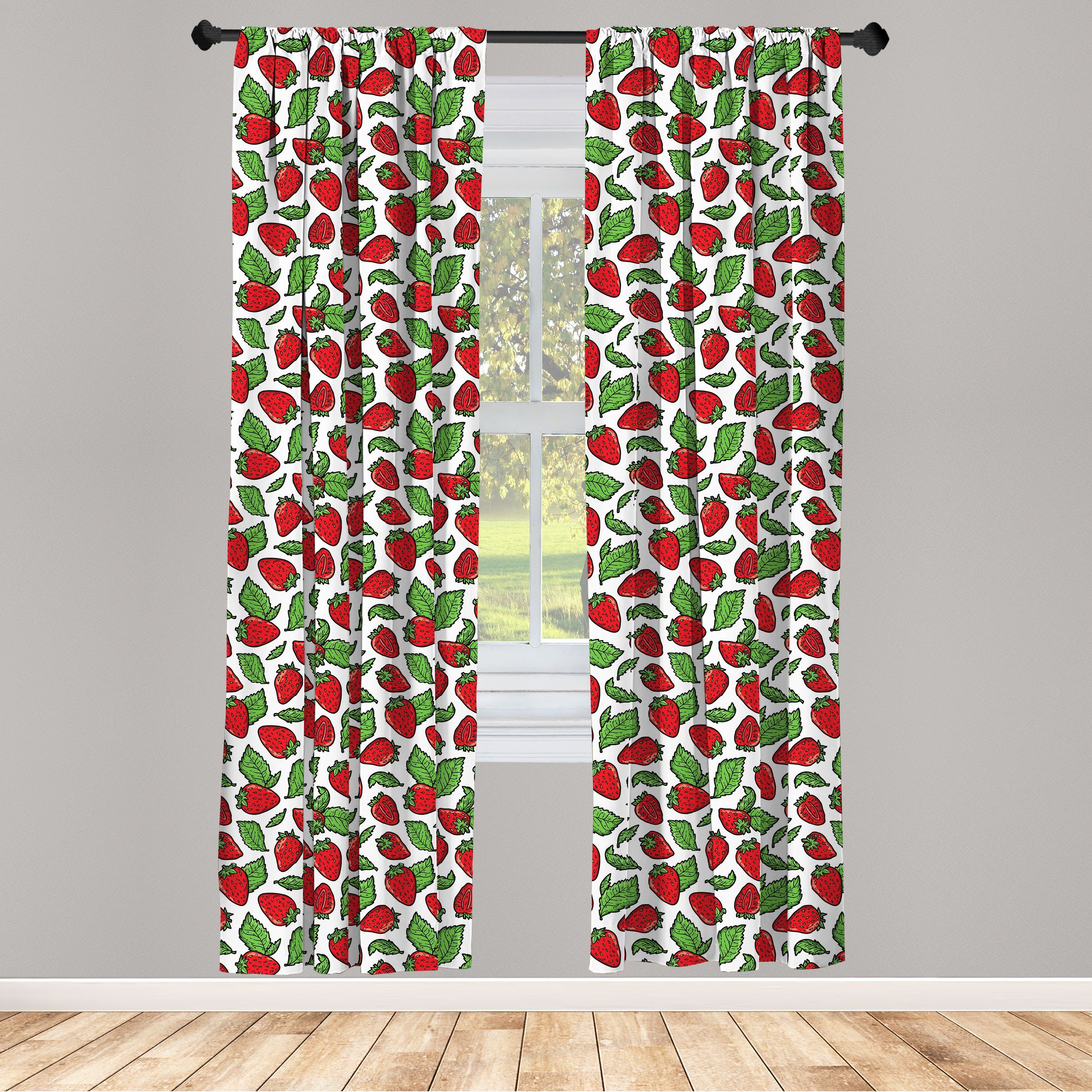 Gardine Vorhang für Wohnzimmer Schlafzimmer Dekor, Abakuhaus, Microfaser, Obst Saftige Erdbeeren Blätter